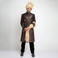 Dark Chocolate Brown Woven Brocade Achkan Sherwani (3-Piece) - Image 3