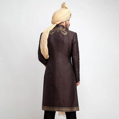 Dark Chocolate Brown Woven Brocade Achkan Sherwani (3-Piece) - Image 4