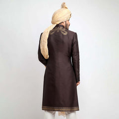 Dark Chocolate Brown Woven Brocade Achkan Sherwani (3-Piece) - Image 6