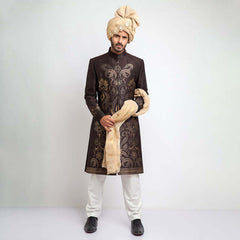 Dark Chocolate Brown Woven Brocade Achkan Sherwani (3-Piece) - Image 7
