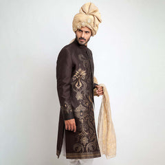 Dark Chocolate Brown Woven Brocade Achkan Sherwani (3-Piece) - Image 8