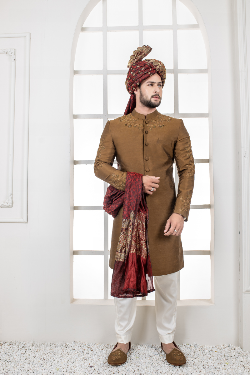 Brown Embroidered Cotton-Blend Achkan Sherwani (3-Piece) - Image 1