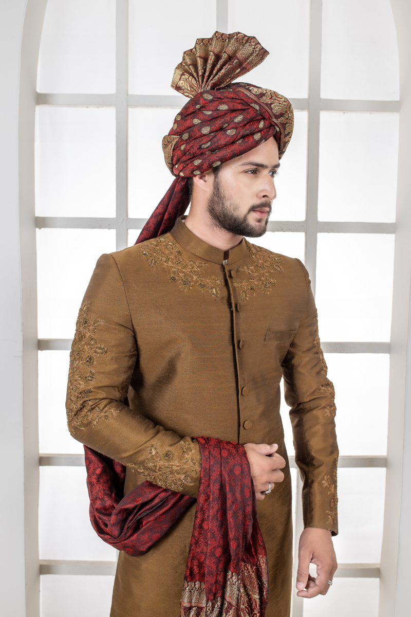 Brown Embroidered Cotton-Blend Achkan Sherwani (3-Piece) - Image 2