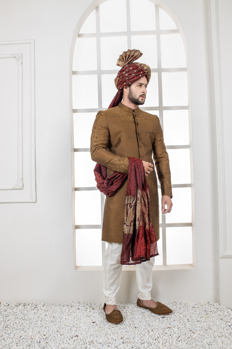 Brown Embroidered Cotton-Blend Achkan Sherwani (3-Piece) - Image 3
