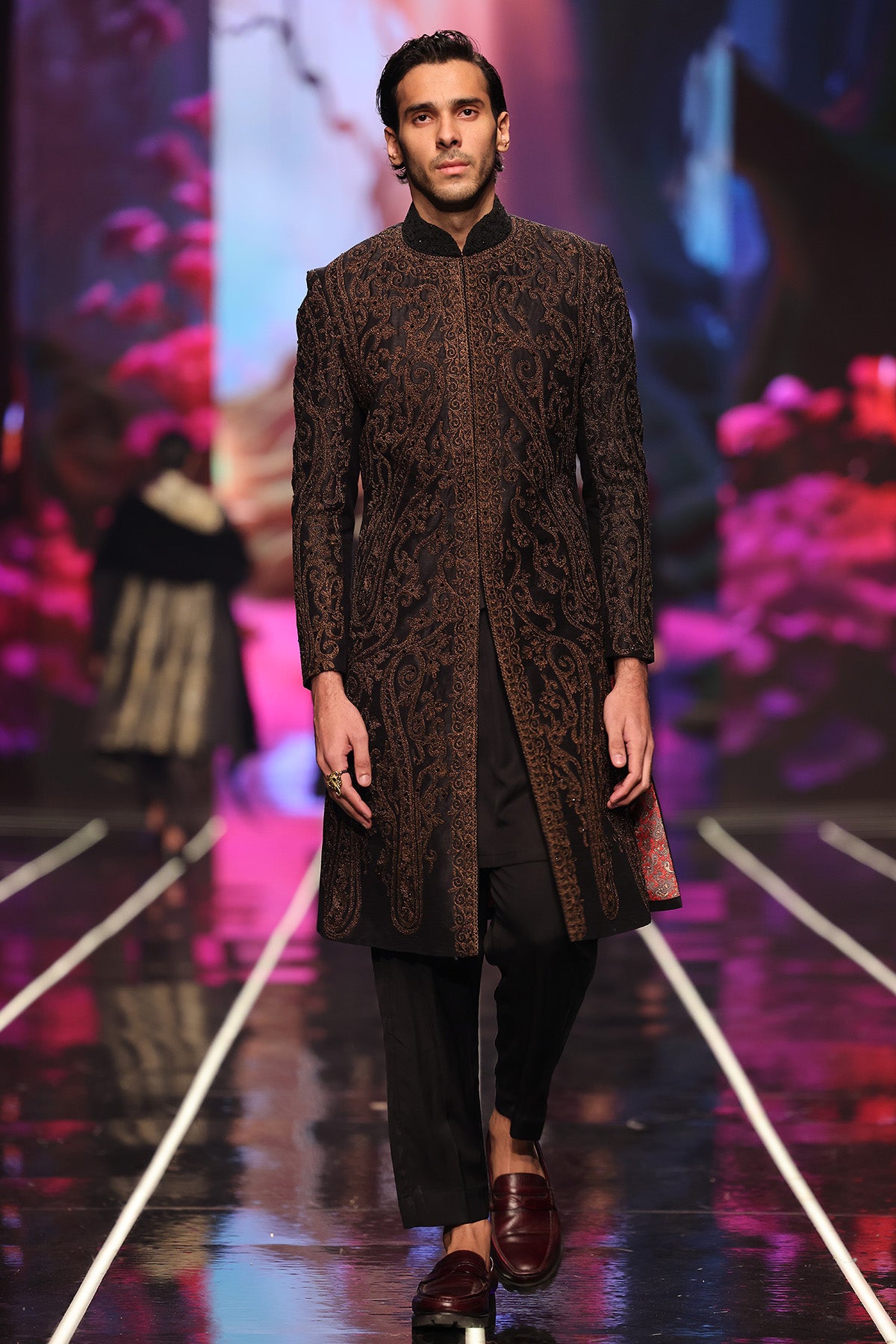 Deep Brown Paisley Embroidered Jacquard Sherwani (2-Piece) - Image 1