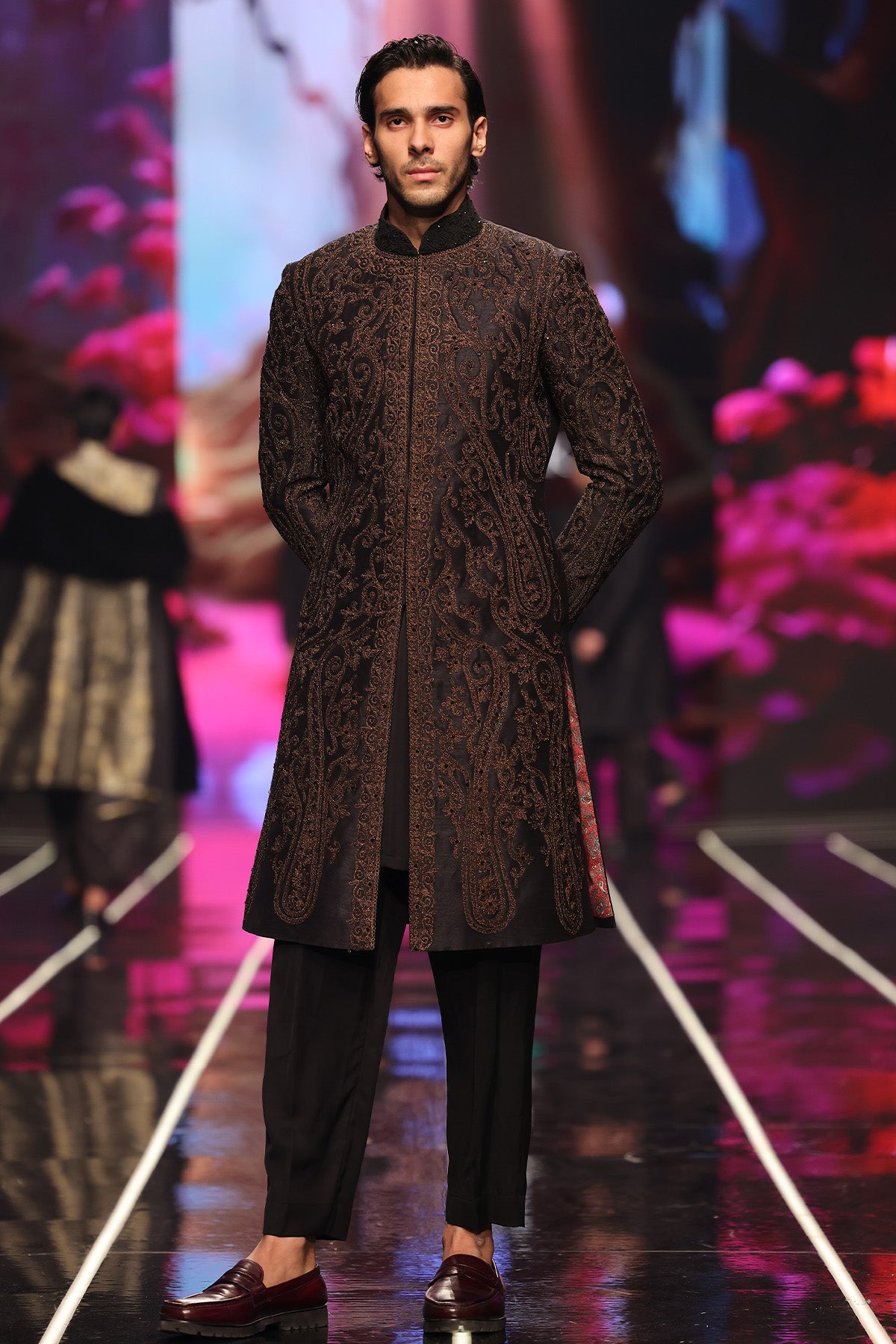 Deep Brown Paisley Embroidered Jacquard Sherwani (2-Piece) - Image 2