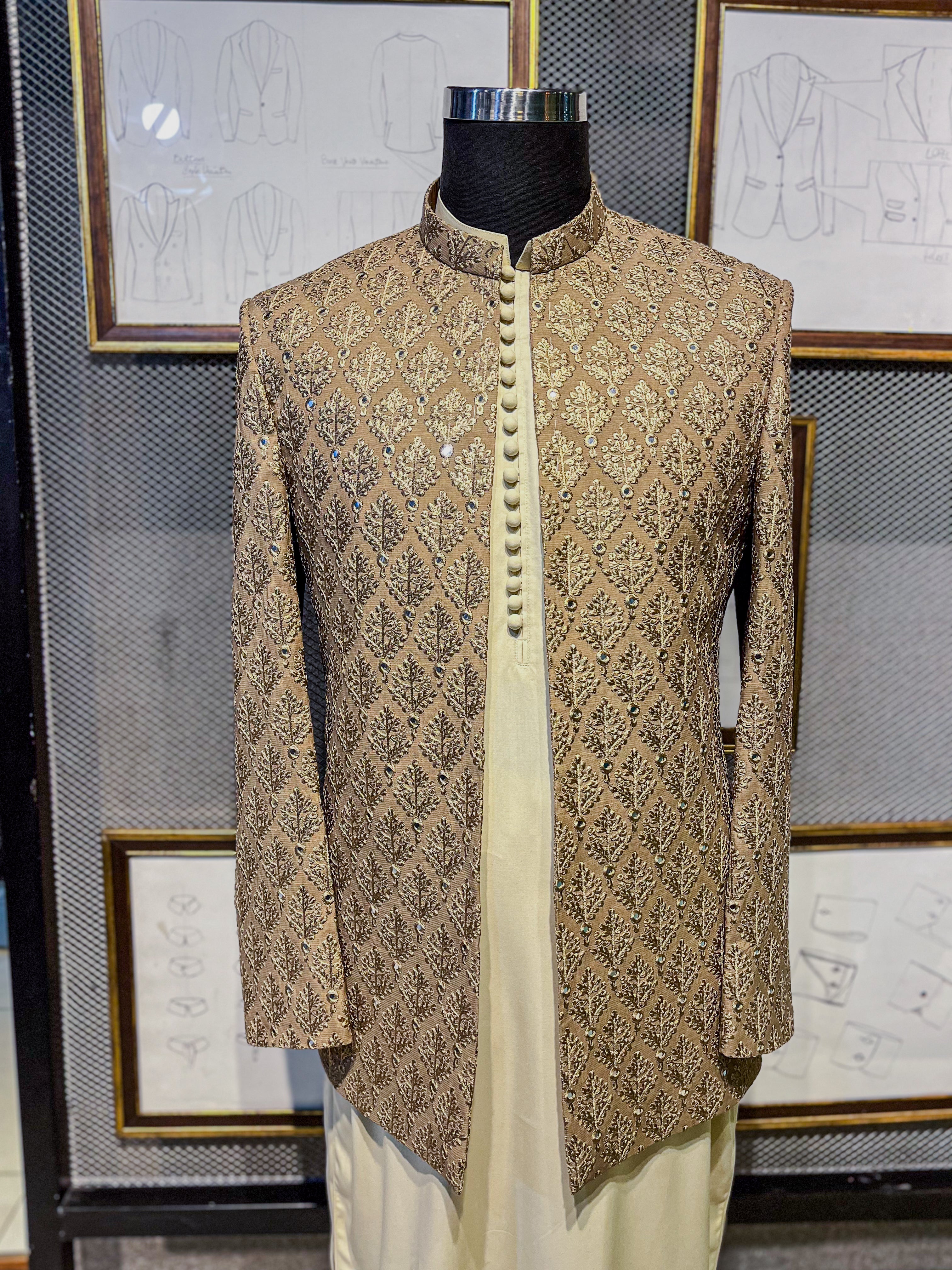 Caramel Embroidered Jamawar Achkan Sherwani (2-Piece) - Image 1