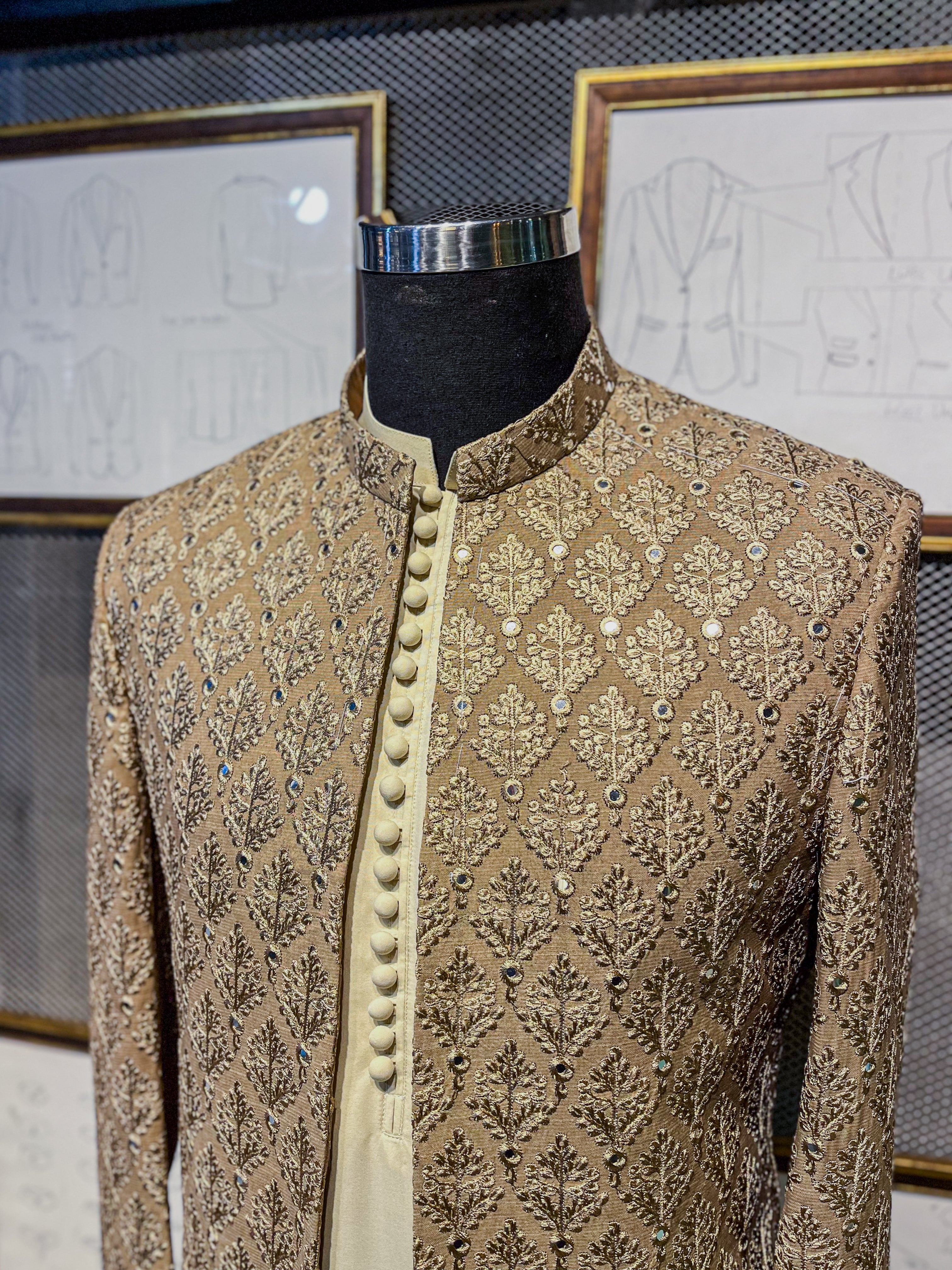 Caramel Embroidered Jamawar Achkan Sherwani (2-Piece) - Image 2