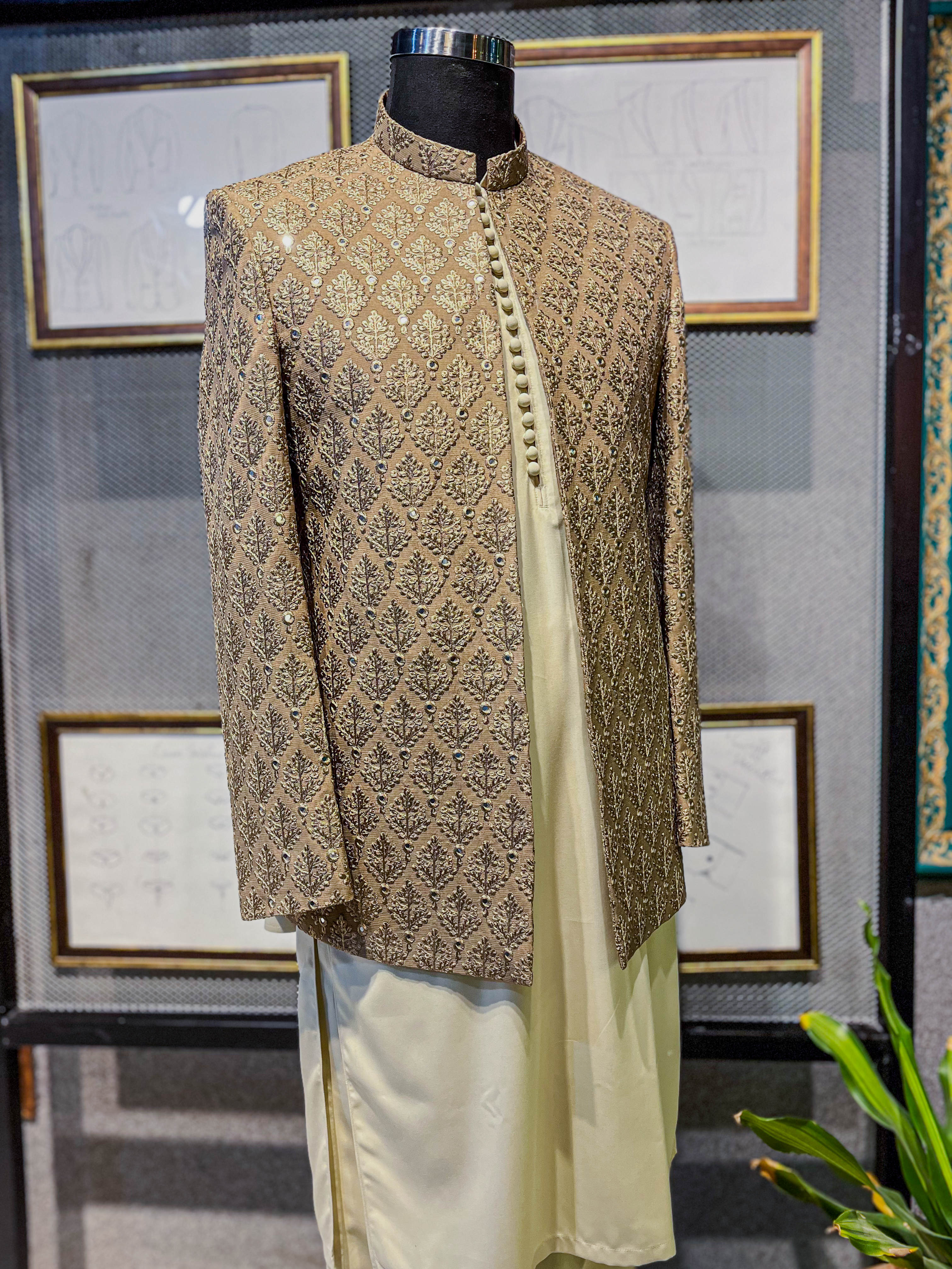 Caramel Embroidered Jamawar Achkan Sherwani (2-Piece) - Image 3