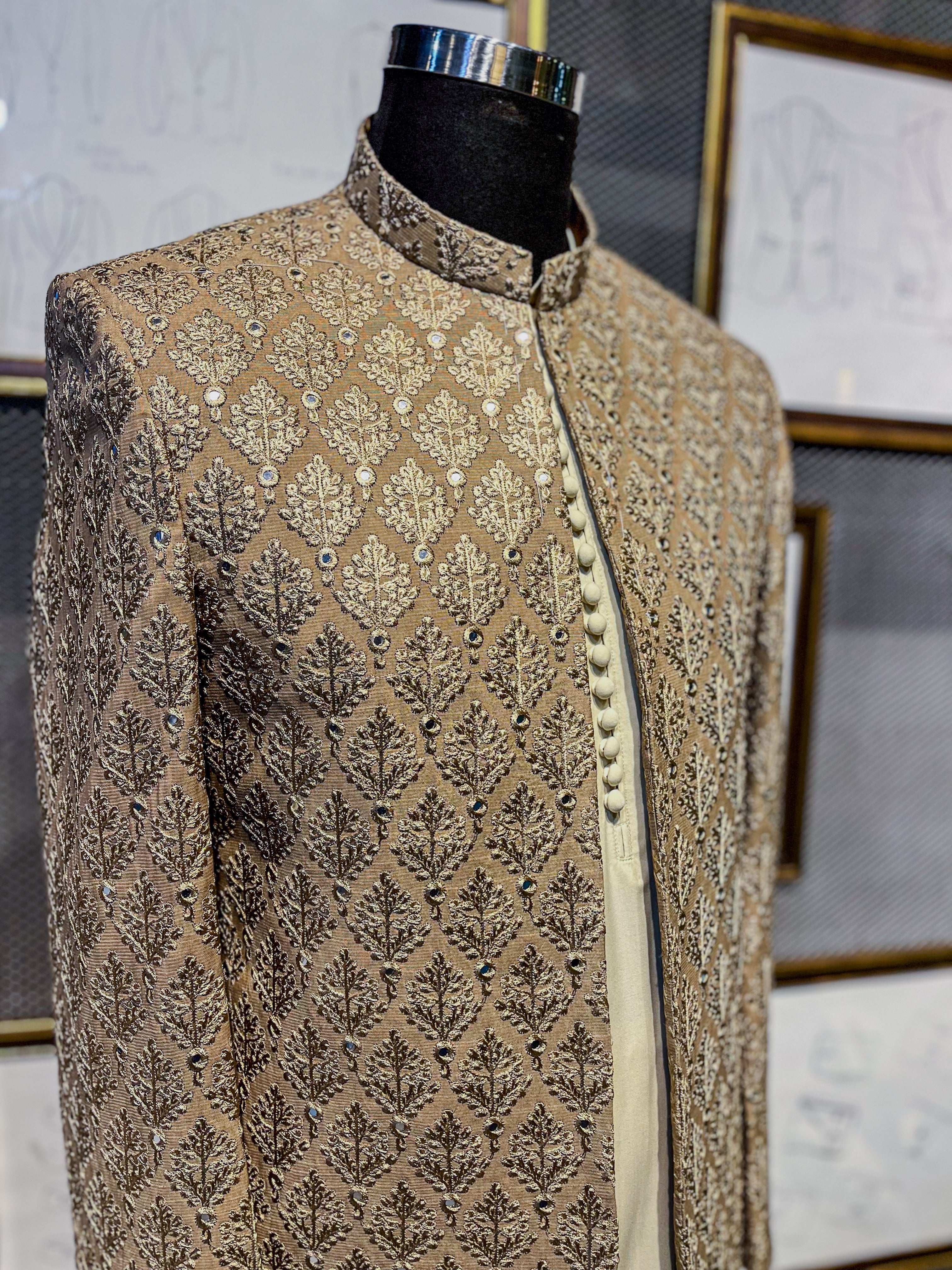 Caramel Embroidered Jamawar Achkan Sherwani (2-Piece) - Image 4