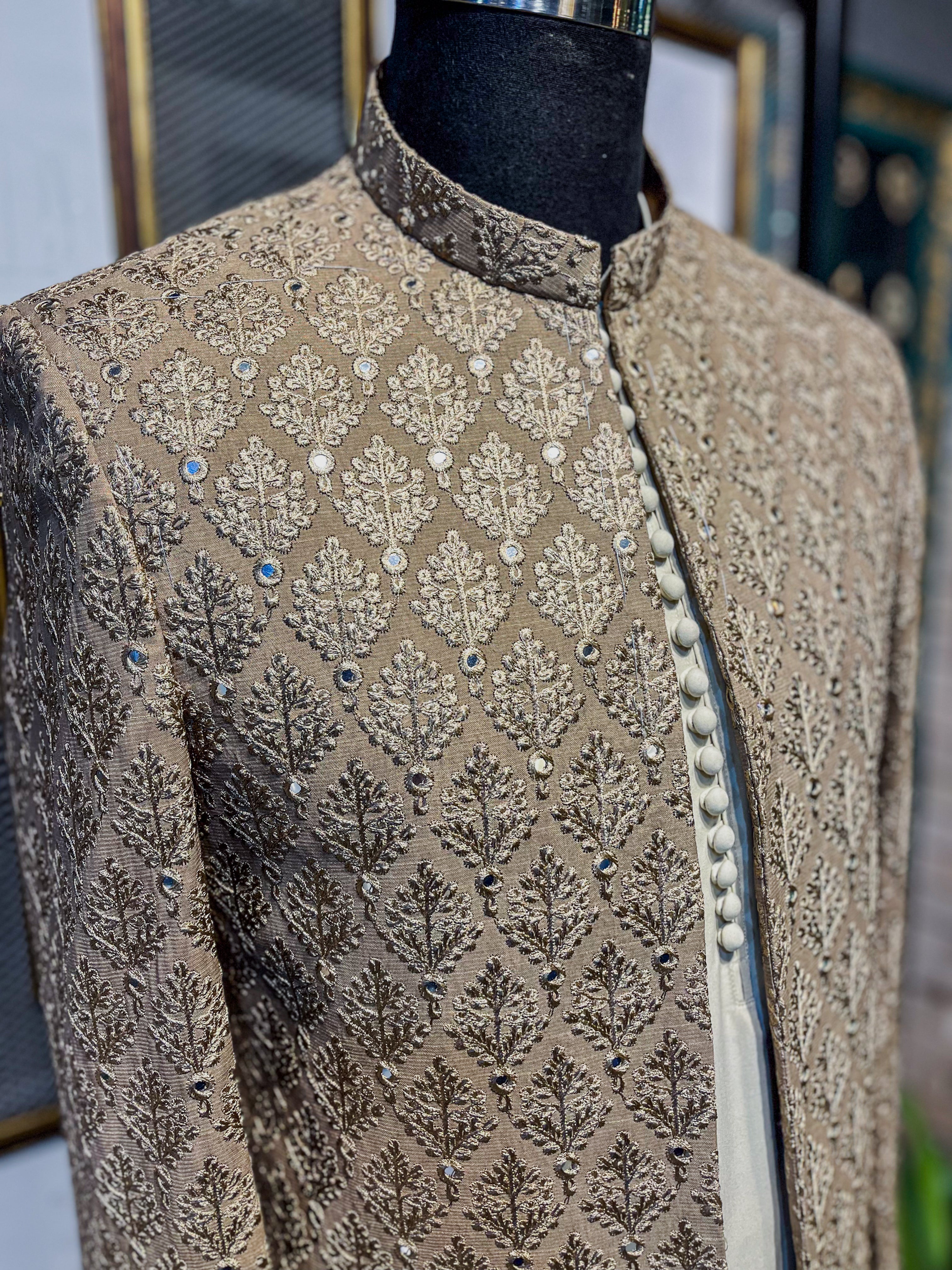 Caramel Embroidered Jamawar Achkan Sherwani (2-Piece) - Image 5