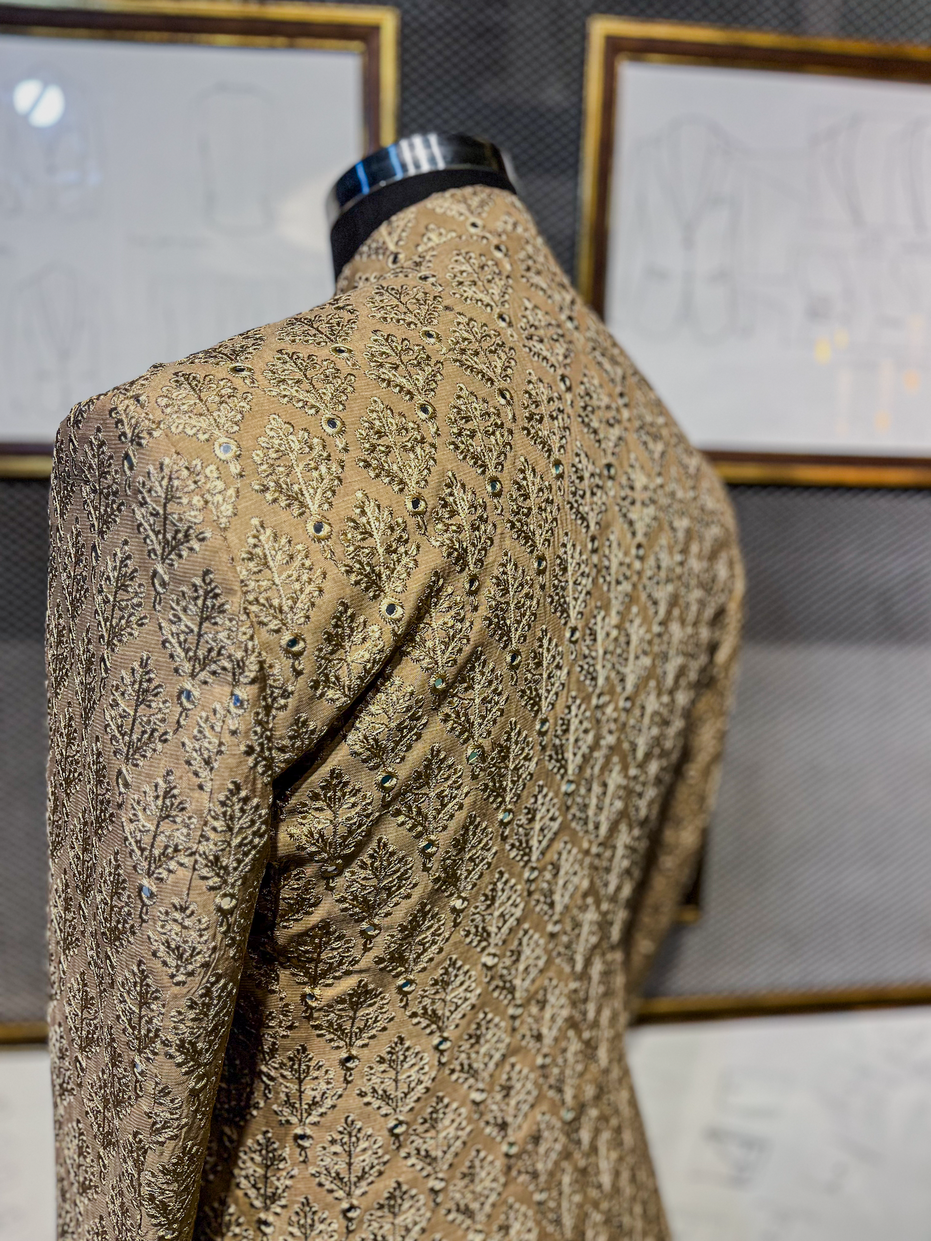 Caramel Embroidered Jamawar Achkan Sherwani (2-Piece) - Image 6