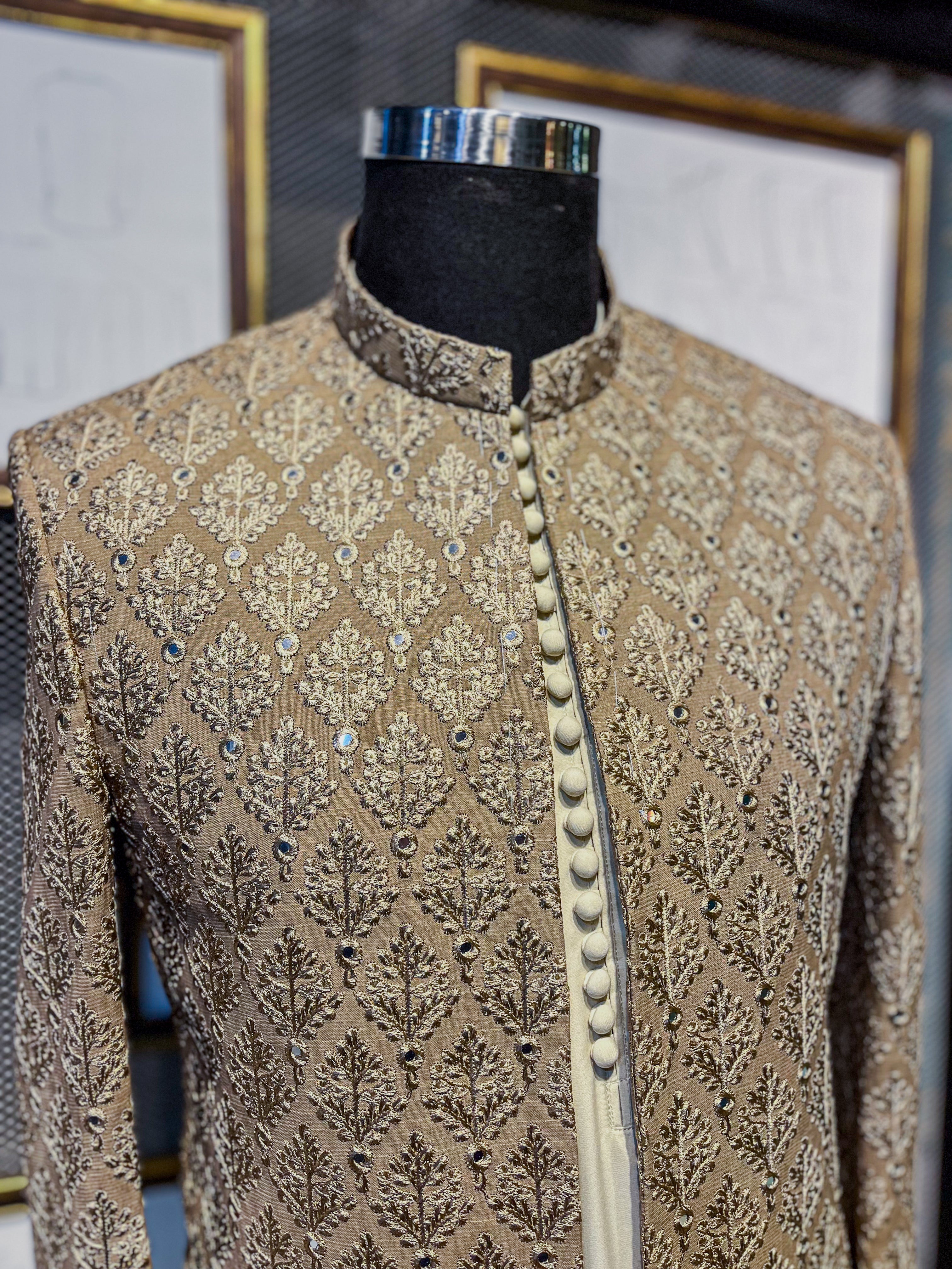 Caramel Embroidered Jamawar Achkan Sherwani (2-Piece) - Image 7