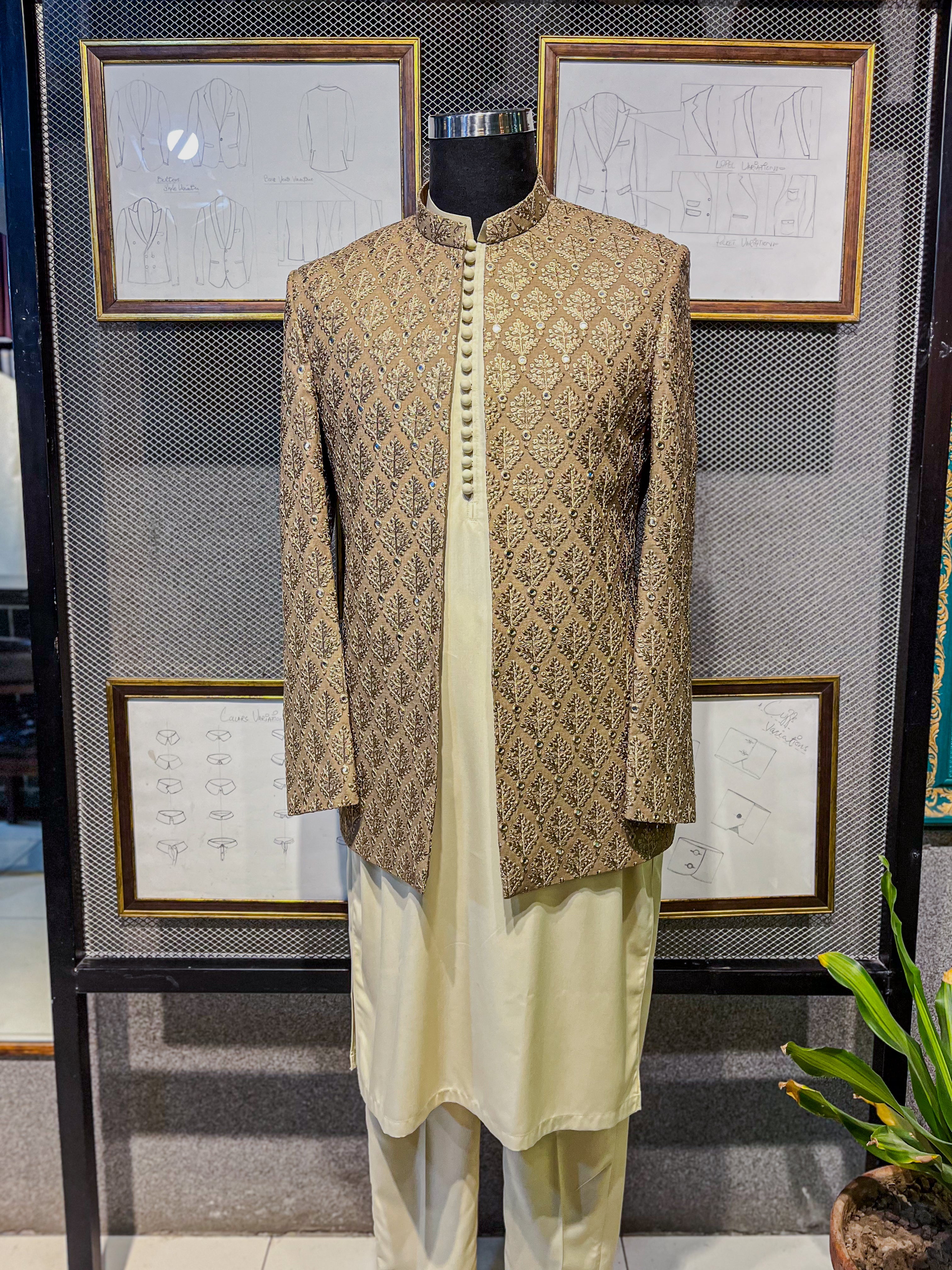 Caramel Embroidered Jamawar Achkan Sherwani (2-Piece) - Image 8