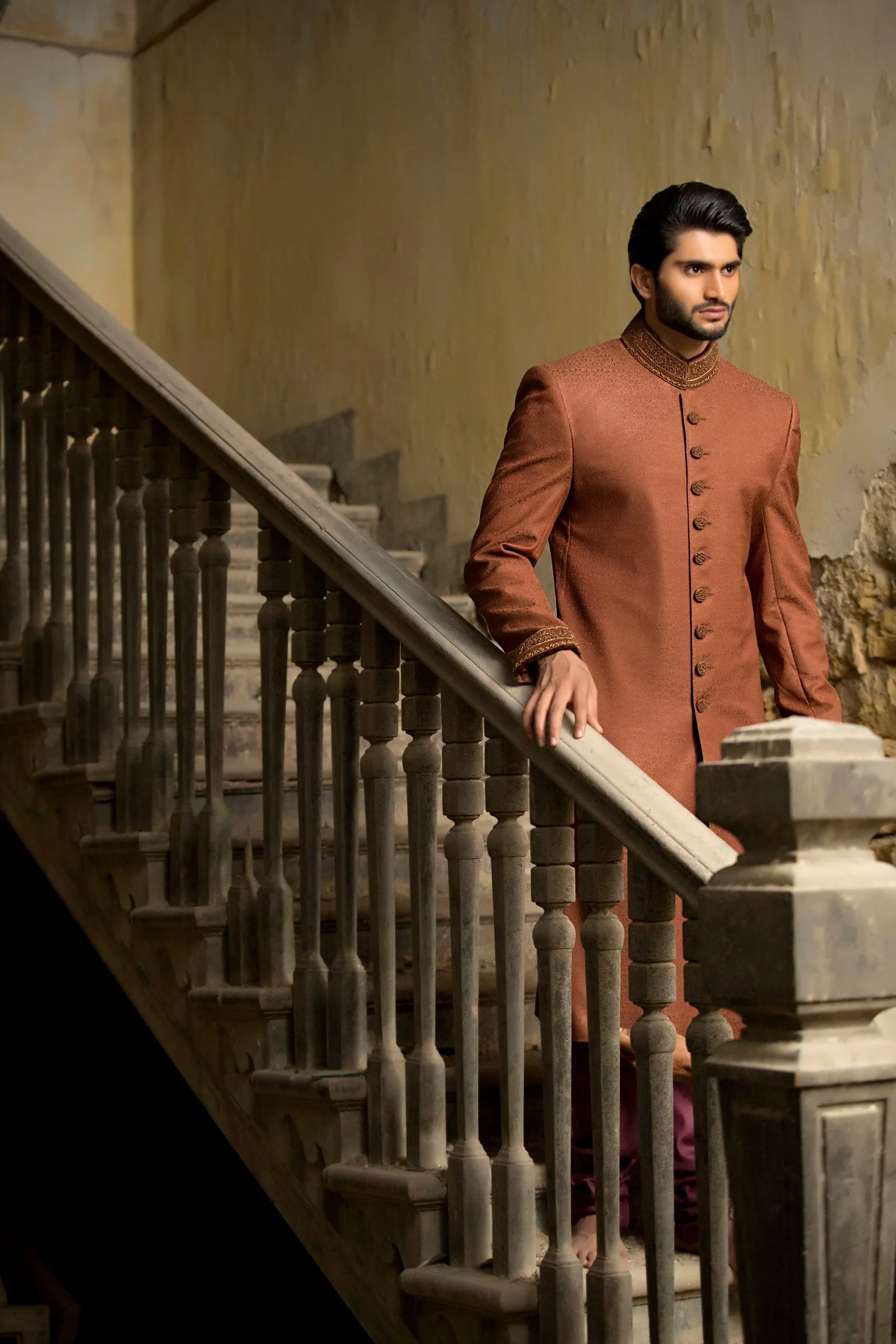 Rust Embroidered Silk-Blend Sherwani (2-Piece) - Image 1