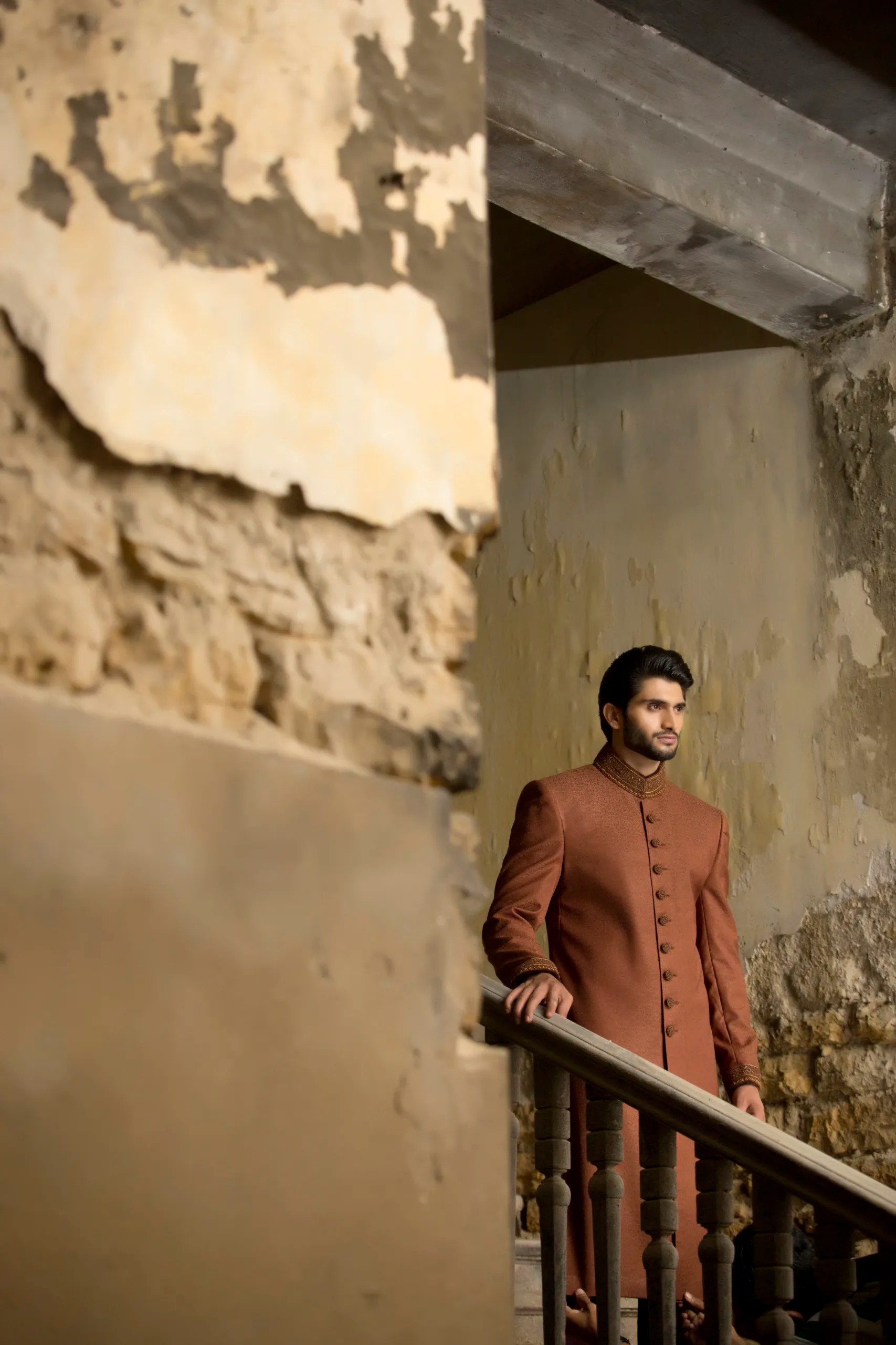 Rust Embroidered Silk-Blend Sherwani (2-Piece) - Image 2