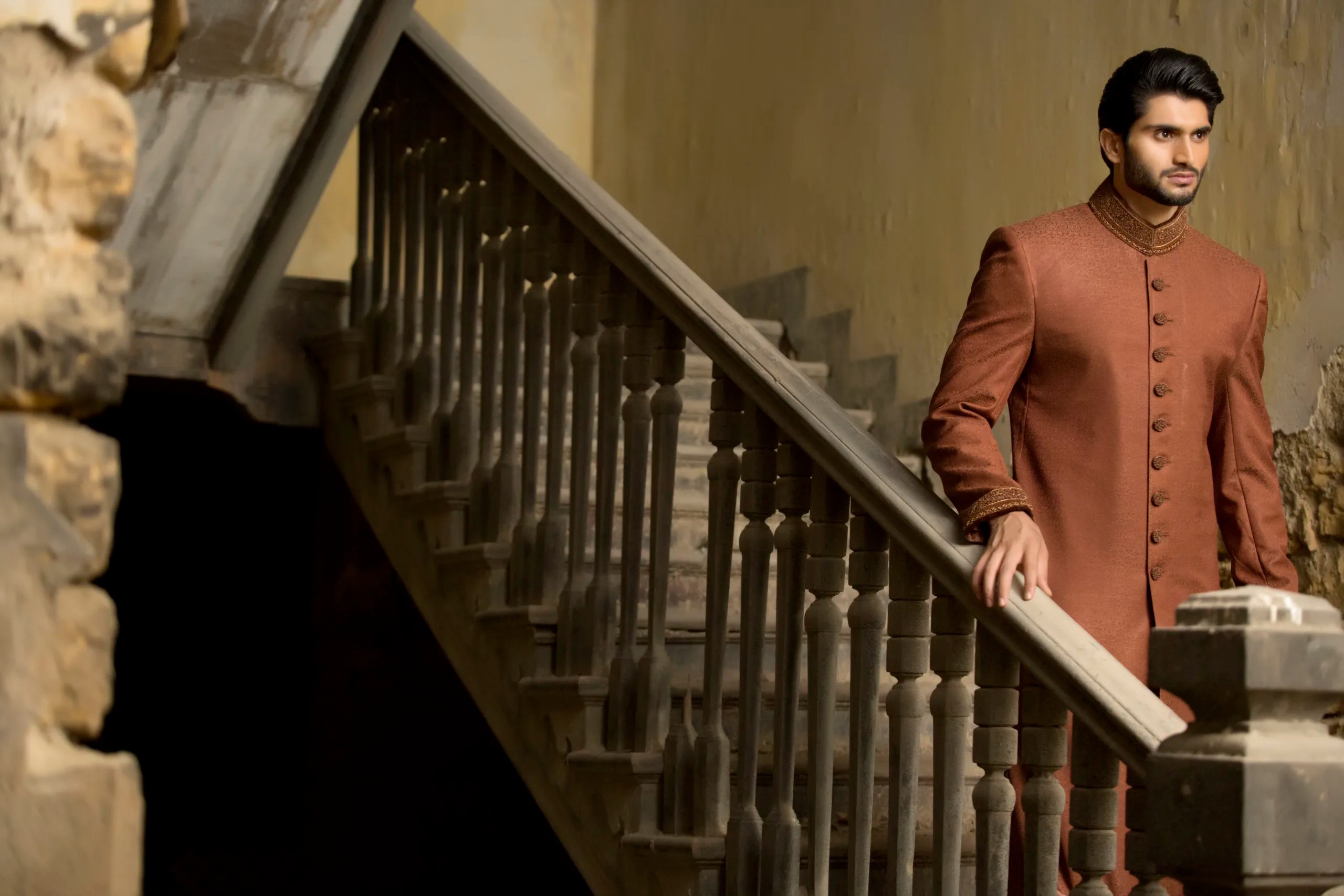 Rust Embroidered Silk-Blend Sherwani (2-Piece) - Image 3