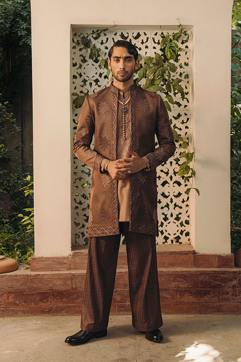 Russet Brown Dori Embroidered Silk-Blend Achkan Sherwani (3-Piece) - Image 2