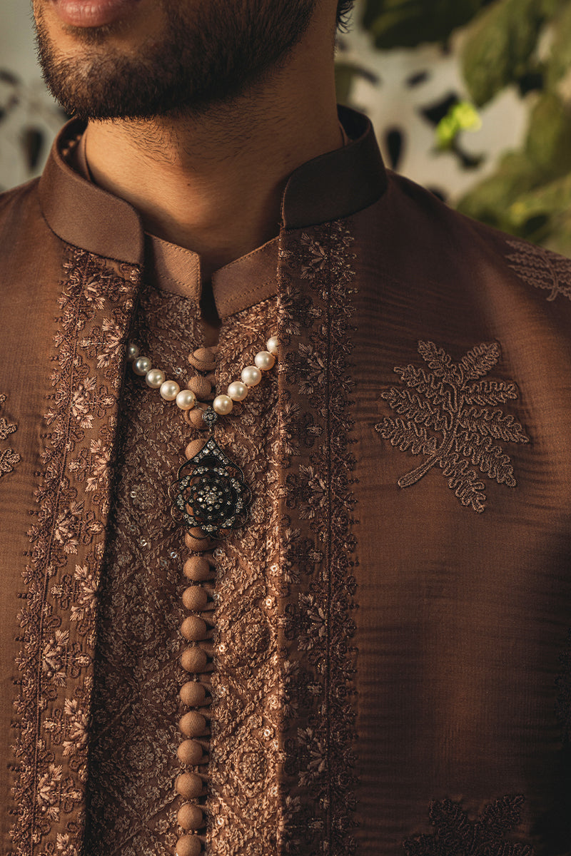 Russet Brown Dori Embroidered Silk-Blend Achkan Sherwani (3-Piece) - Image 3