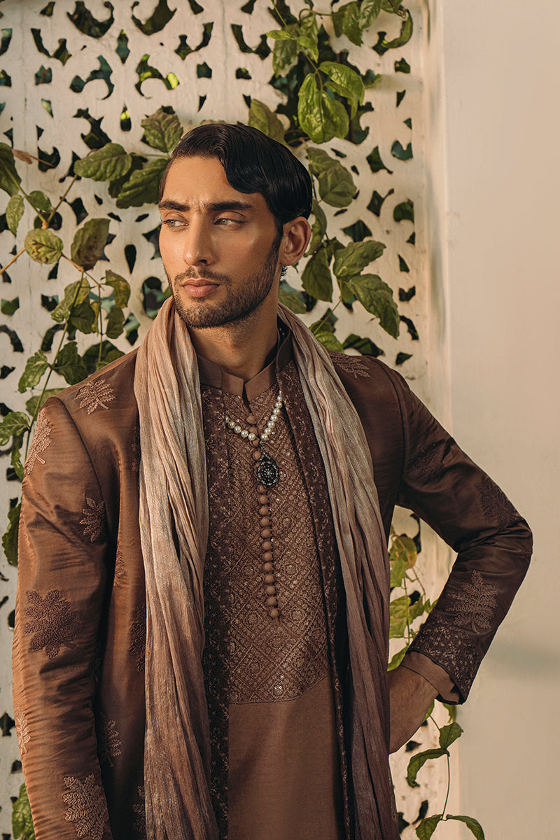 Russet Brown Dori Embroidered Silk-Blend Achkan Sherwani (3-Piece) - Image 4
