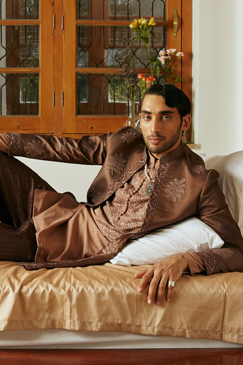 Russet Brown Dori Embroidered Silk-Blend Achkan Sherwani (3-Piece) - Image 6