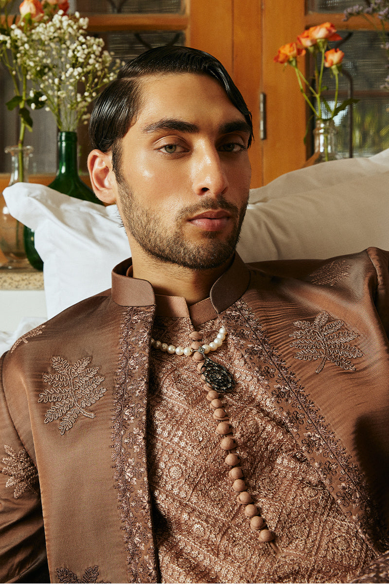 Russet Brown Dori Embroidered Silk-Blend Achkan Sherwani (3-Piece) - Image 7