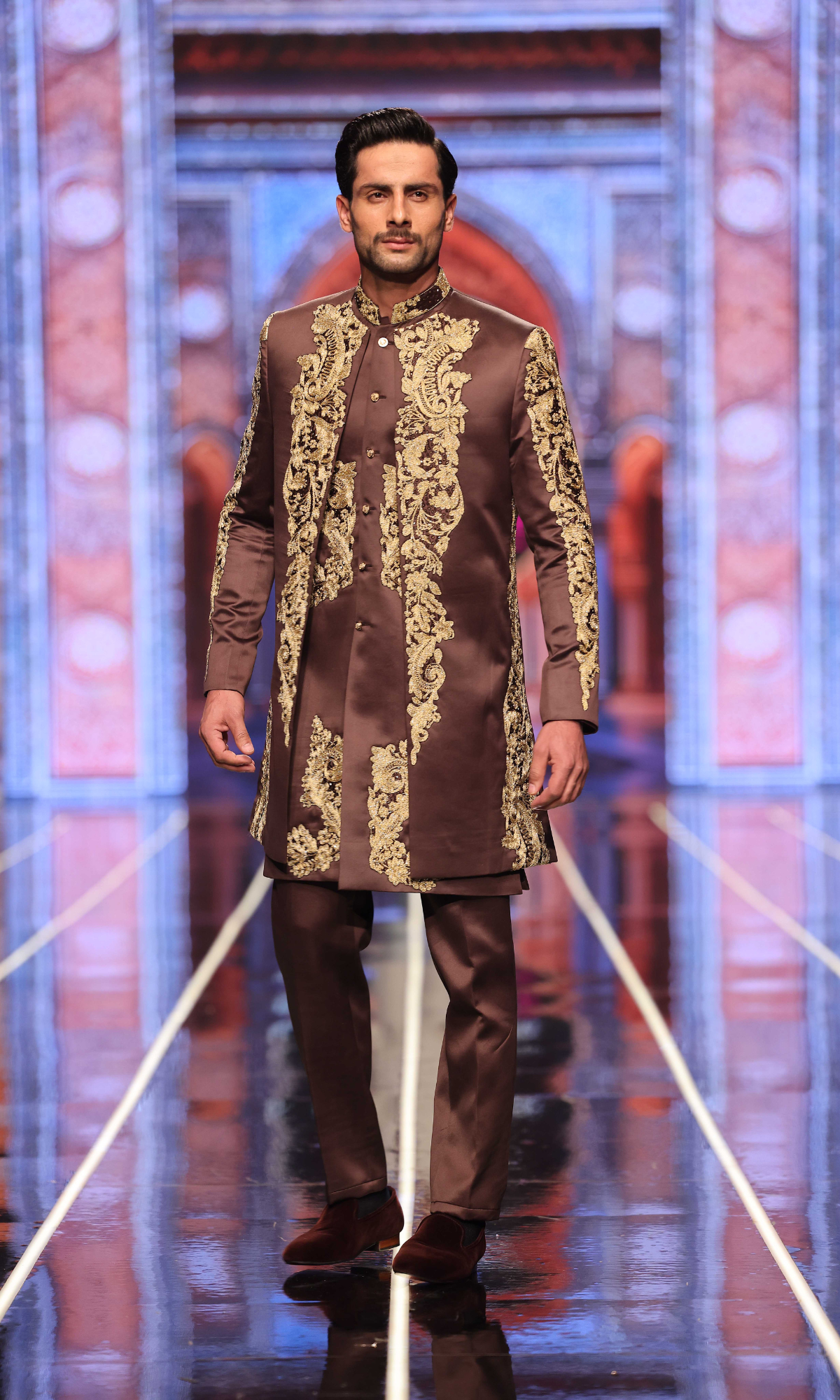 Brown Gold Embroidered Silk-Blend Achkan Sherwani (2-Piece) - Image 1