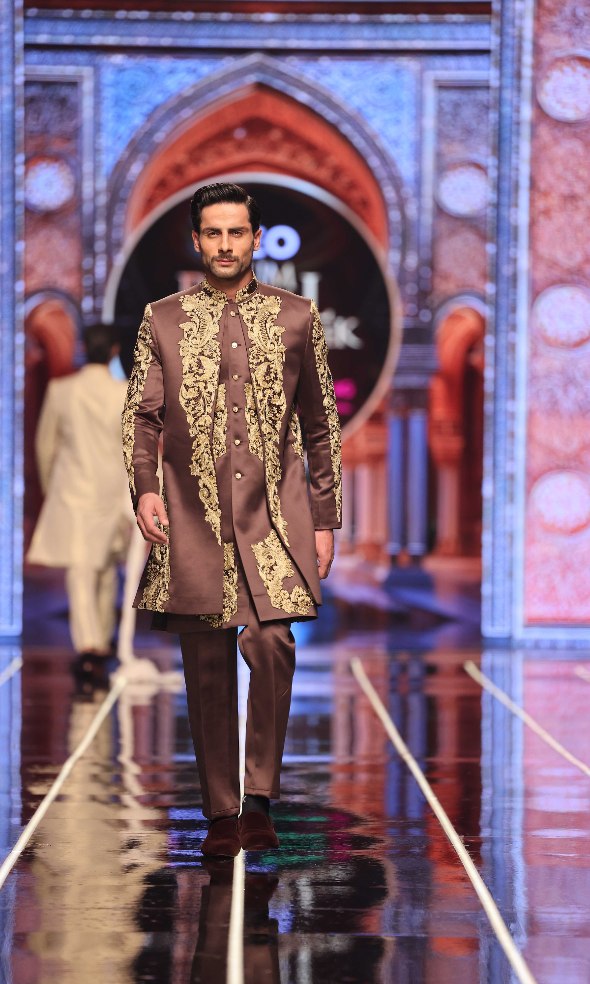 Brown Gold Embroidered Silk-Blend Achkan Sherwani (2-Piece) - Image 2