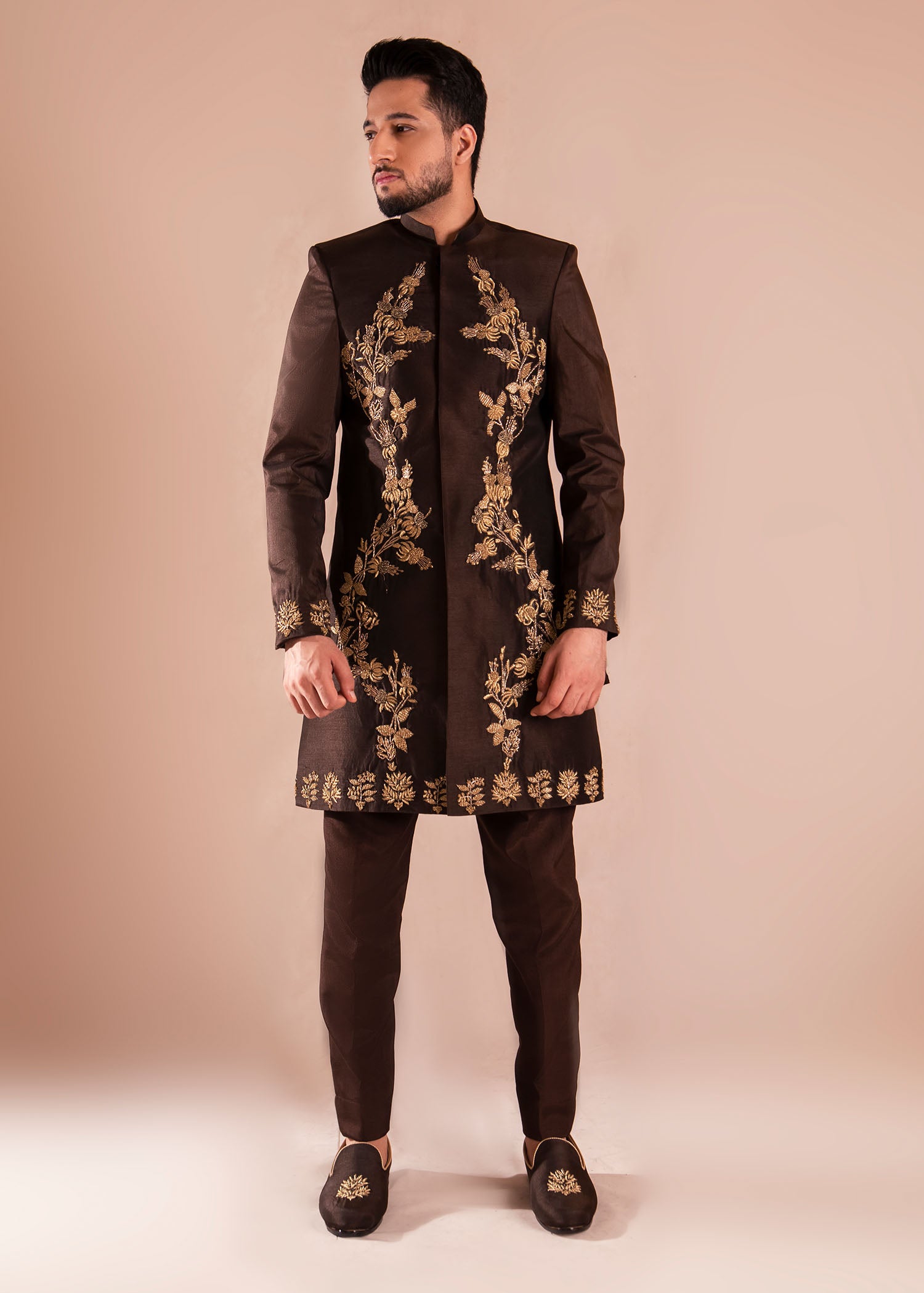 Brown Naqshi Dapka Silk Sherwani (2-Piece) - Image 1