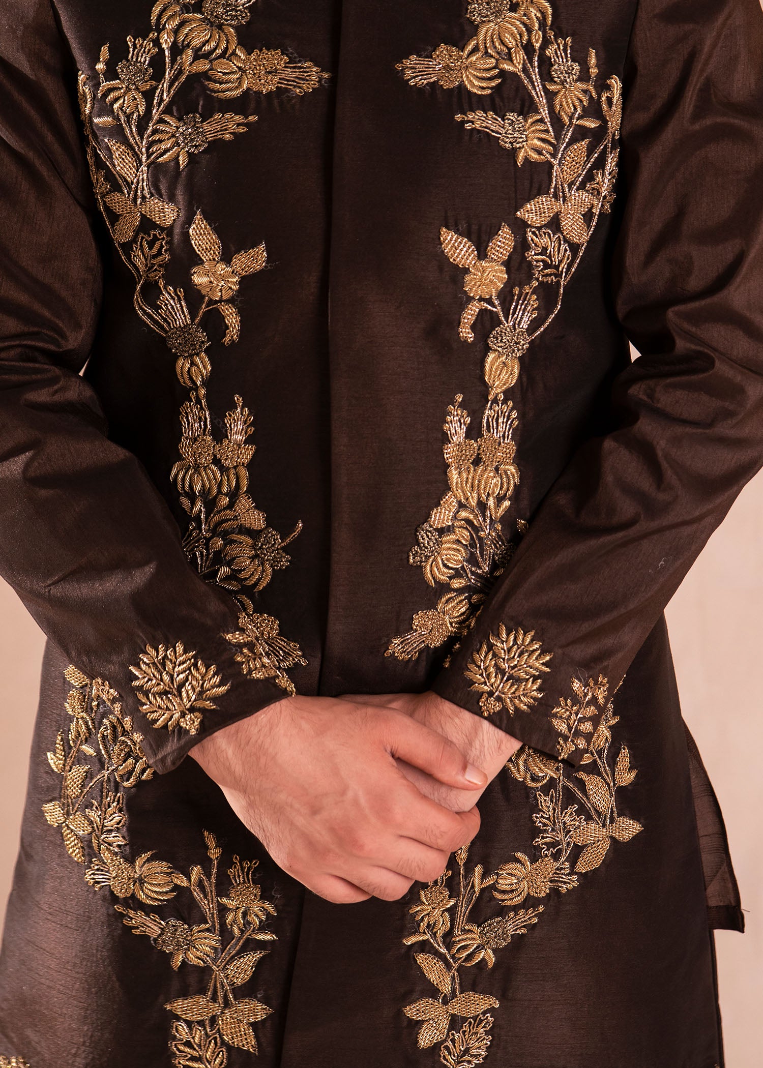 Brown Naqshi Dapka Silk Sherwani (2-Piece) - Image 4