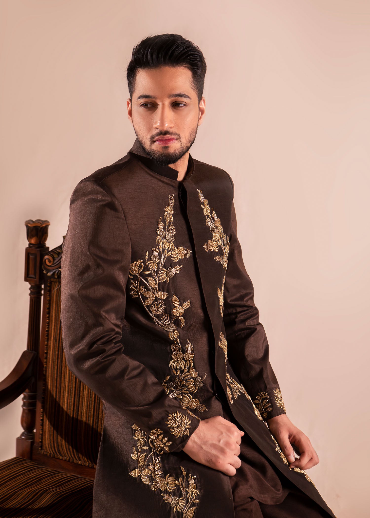 Brown Naqshi Dapka Silk Achkan Sherwani (2-Piece) - Image 2