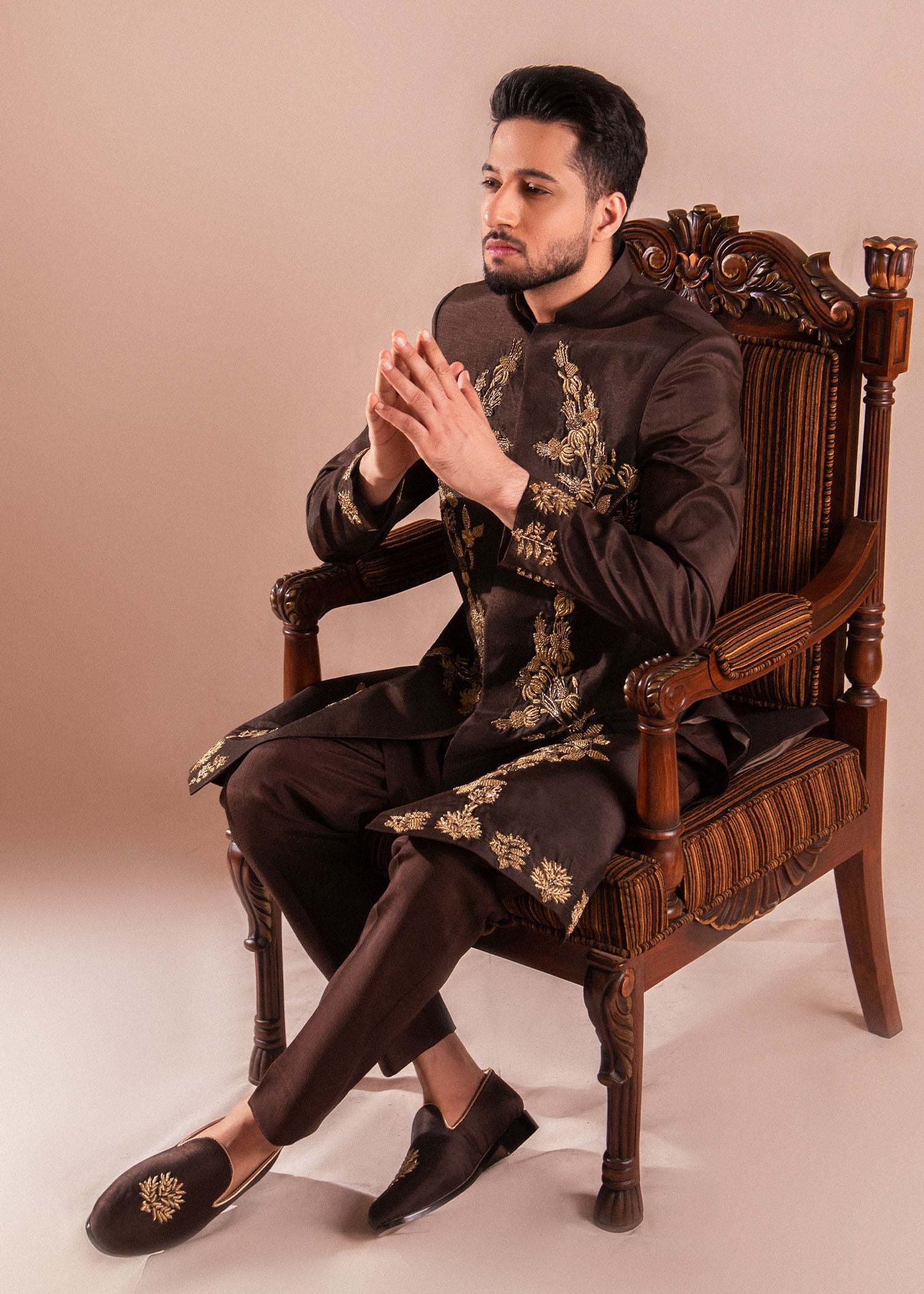 Brown Naqshi Dapka Silk Achkan Sherwani (2-Piece) - Image 3