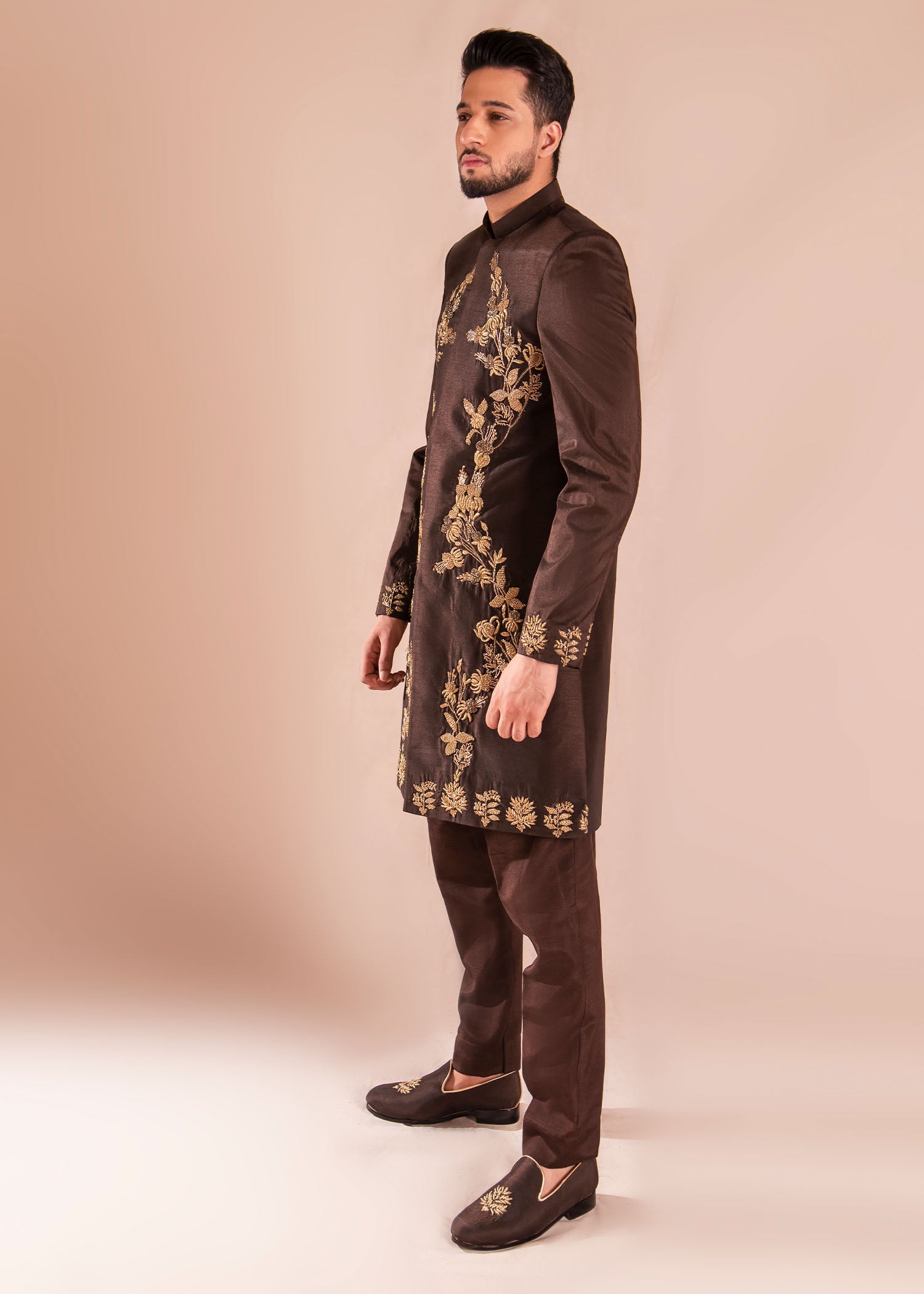 Brown Naqshi Dapka Silk Achkan Sherwani (2-Piece) - Image 5