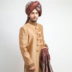 Caramel Zardozi Embroidered 120 Suiting Sherwani (3-Piece) - Image 3