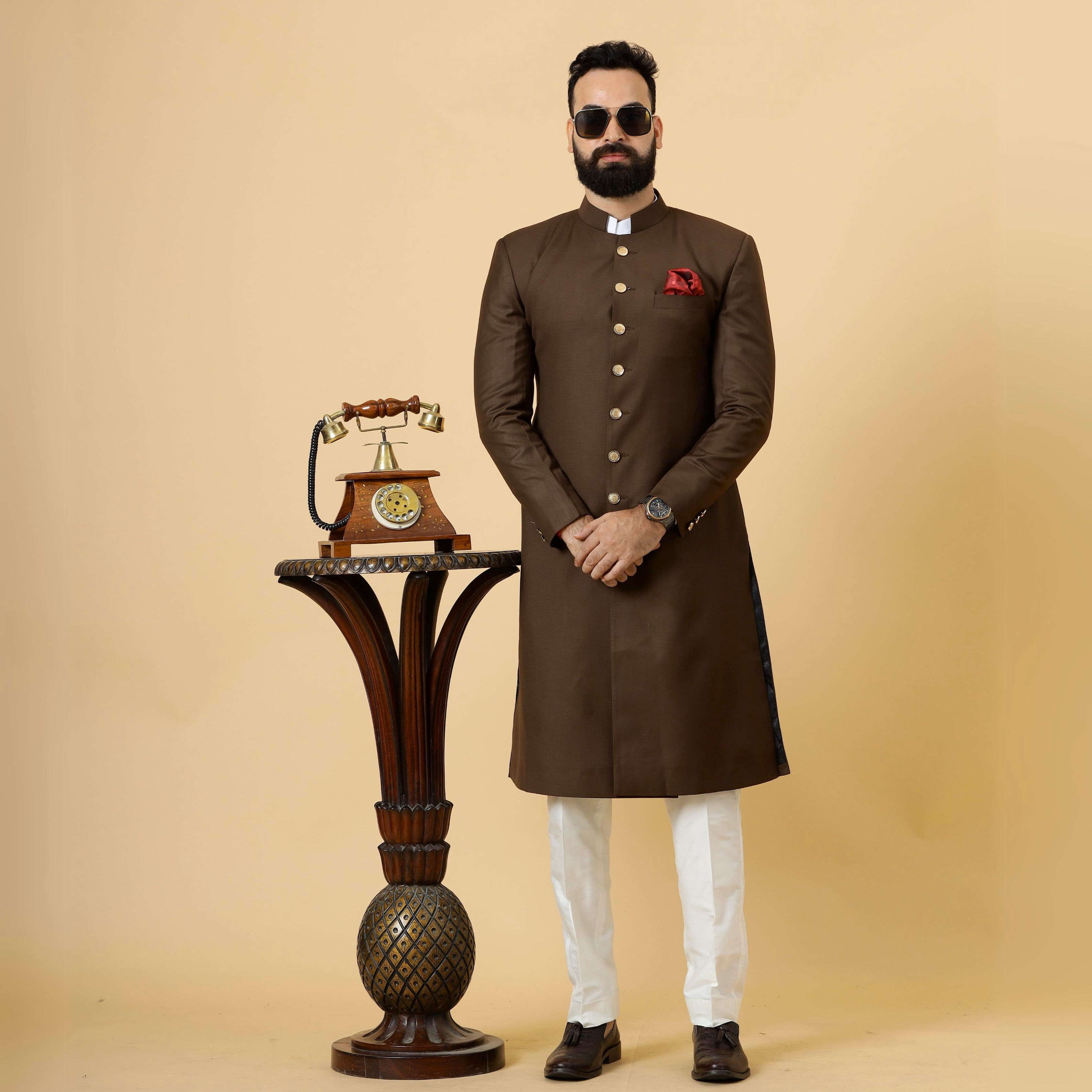 Cocoa Brown Terry Rayon Achkan (2-Piece) - Image 1