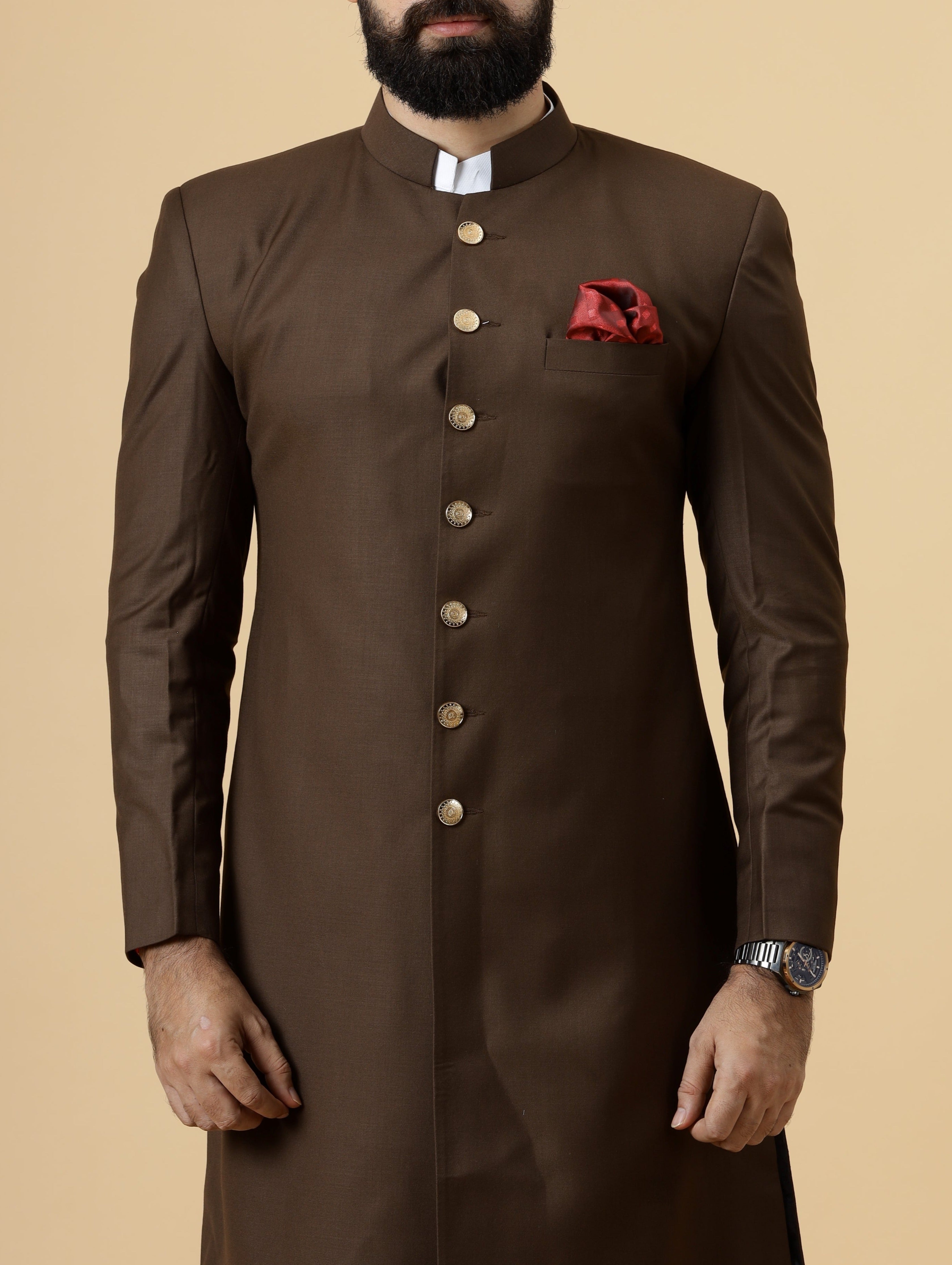 Cocoa Brown Terry Rayon Achkan (2-Piece) - Image 4