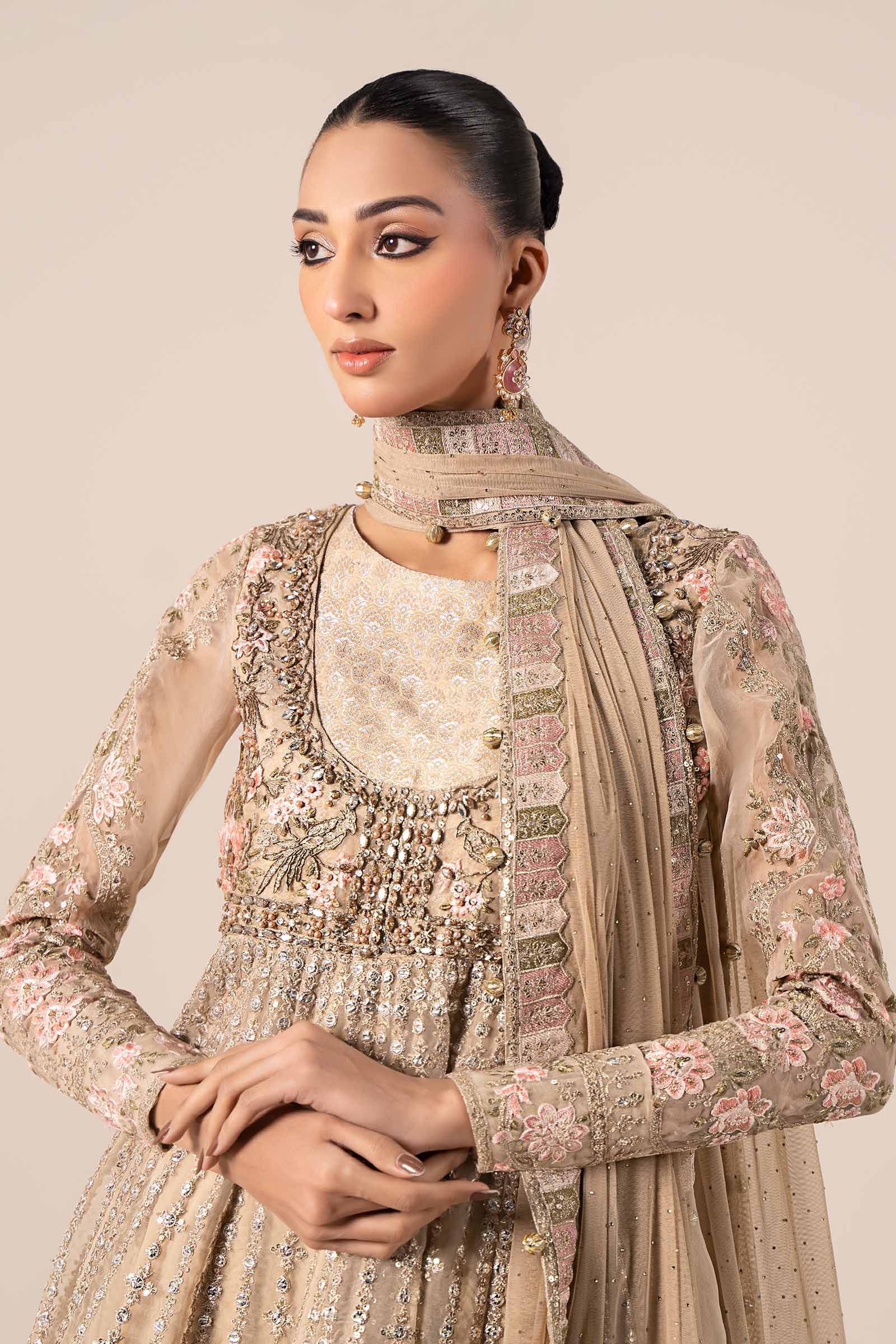 Coffee Embroidered Organza Anarkali Dress (3-Piece) - Image 3