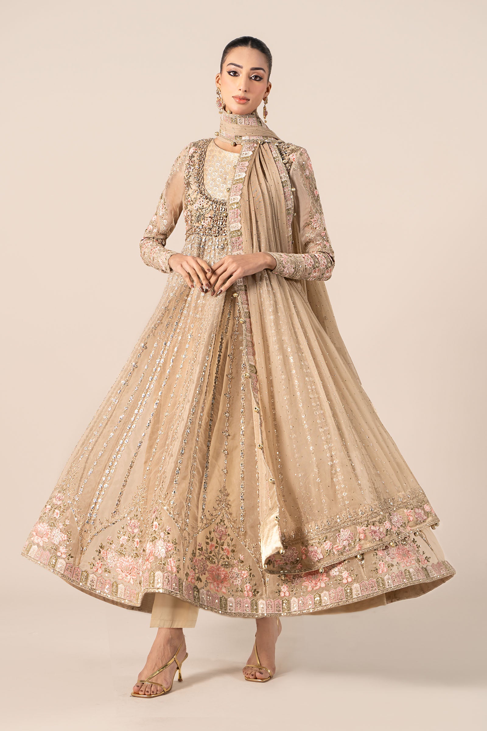 Coffee Embroidered Organza Anarkali Dress (3-Piece) - Image 4