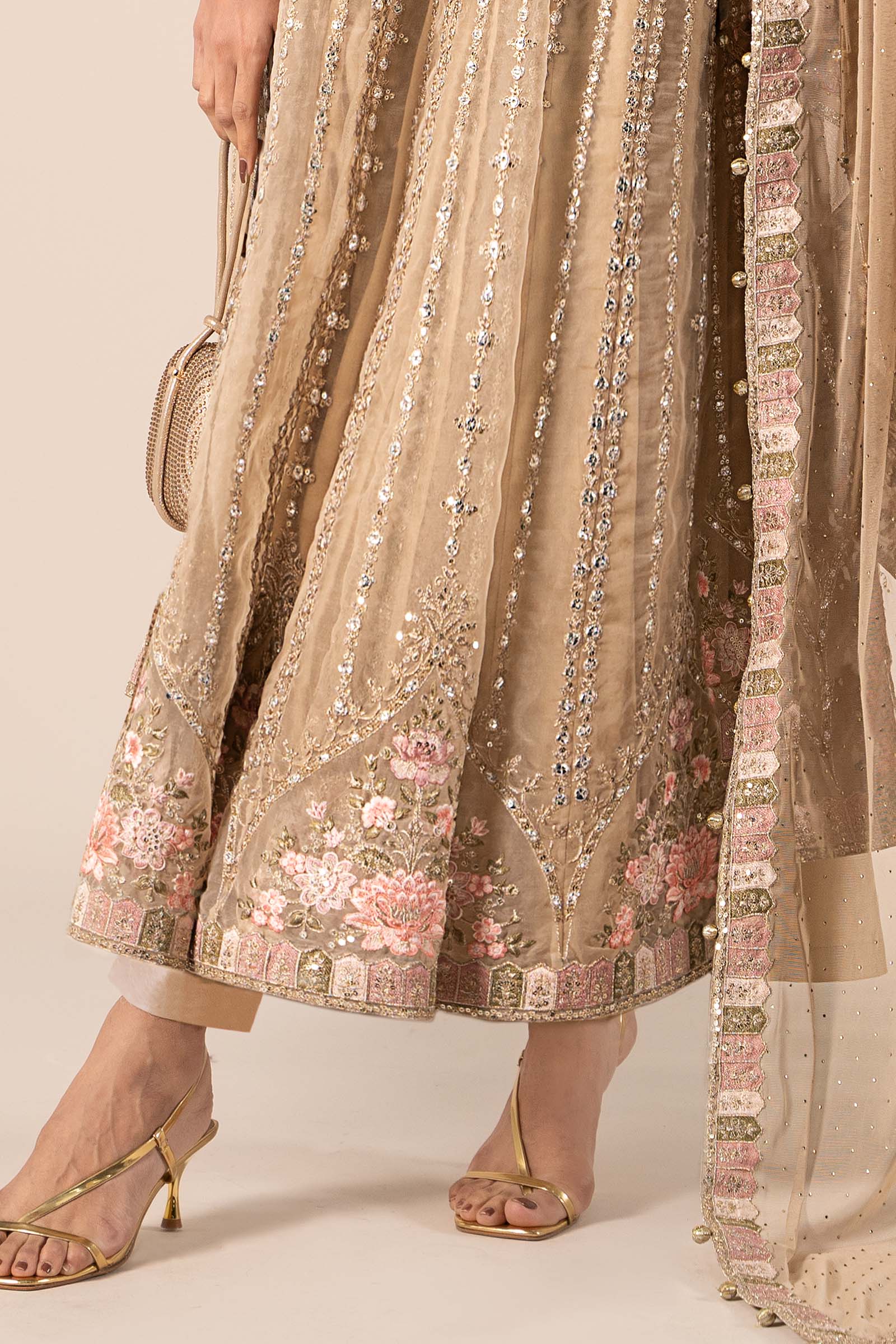 Coffee Embroidered Organza Anarkali Dress (3-Piece) - Image 5