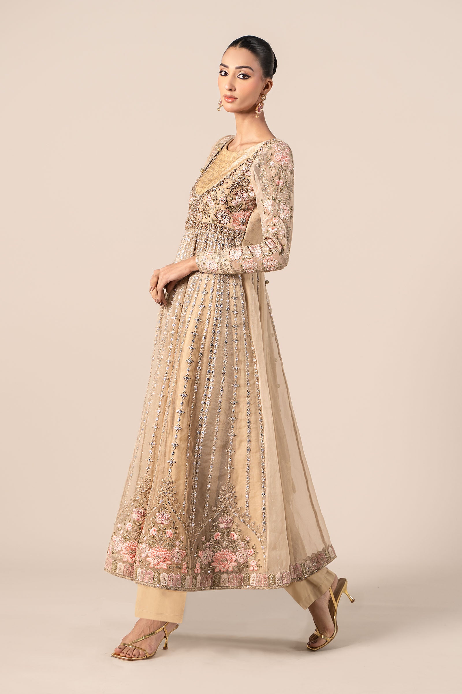 Coffee Embroidered Organza Anarkali Dress (3-Piece) - Image 6