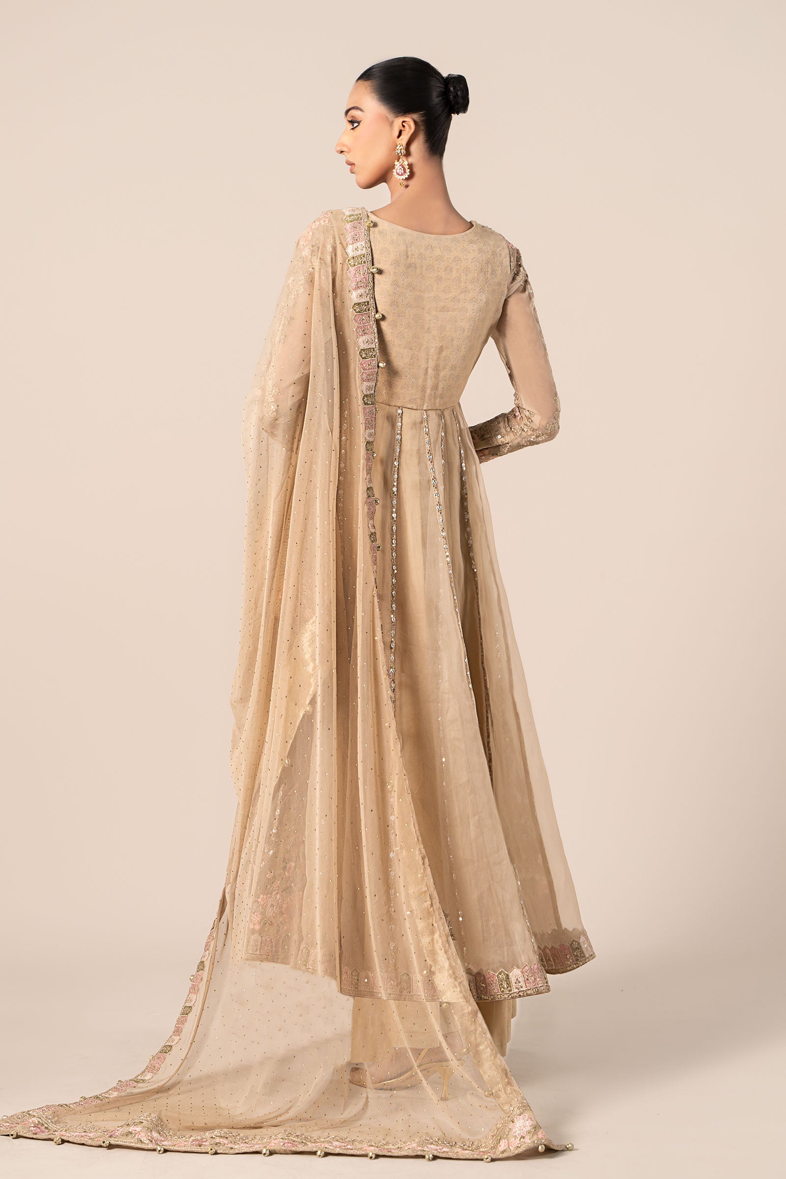 Coffee Embroidered Organza Anarkali Dress (3-Piece) - Image 7