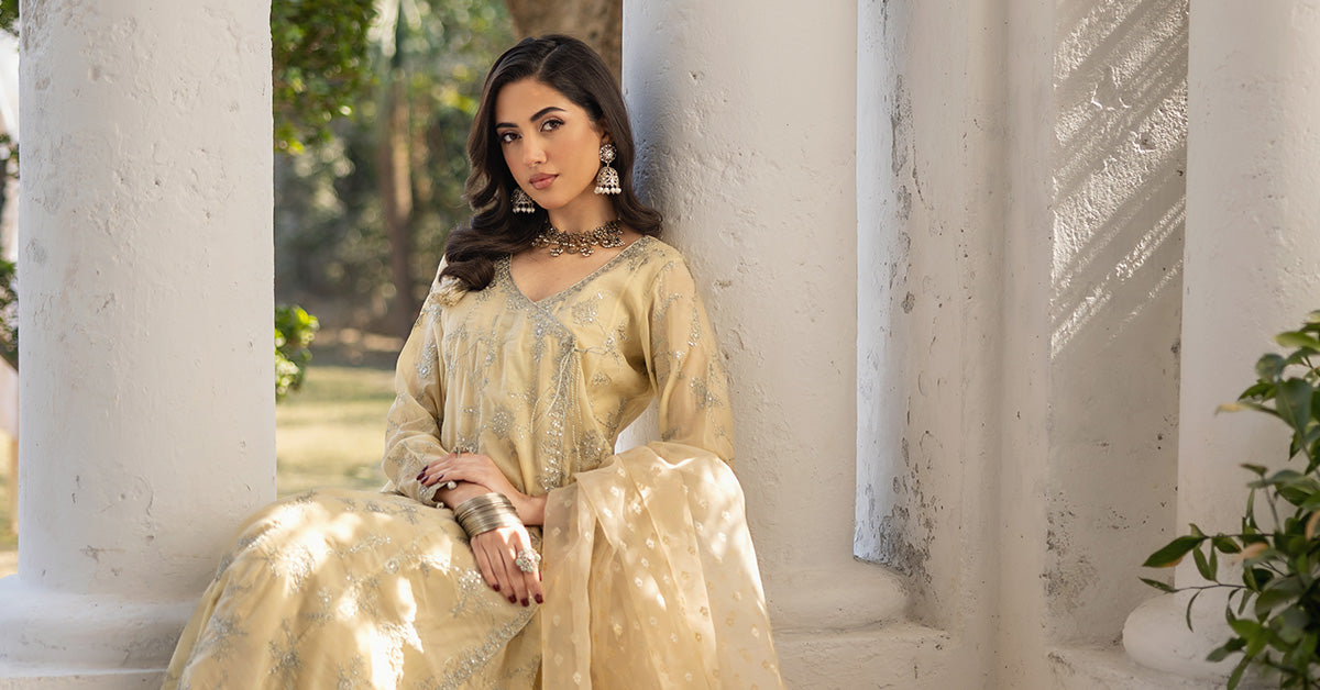 Pakistani Coffee Embroidered Paper Cotton Angrakha (3-Piece) - Image 10