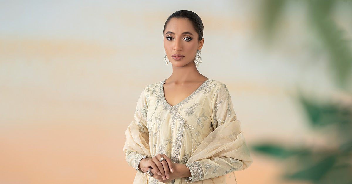 Pakistani Coffee Embroidered Paper Cotton Angrakha (3-Piece) - Image 11