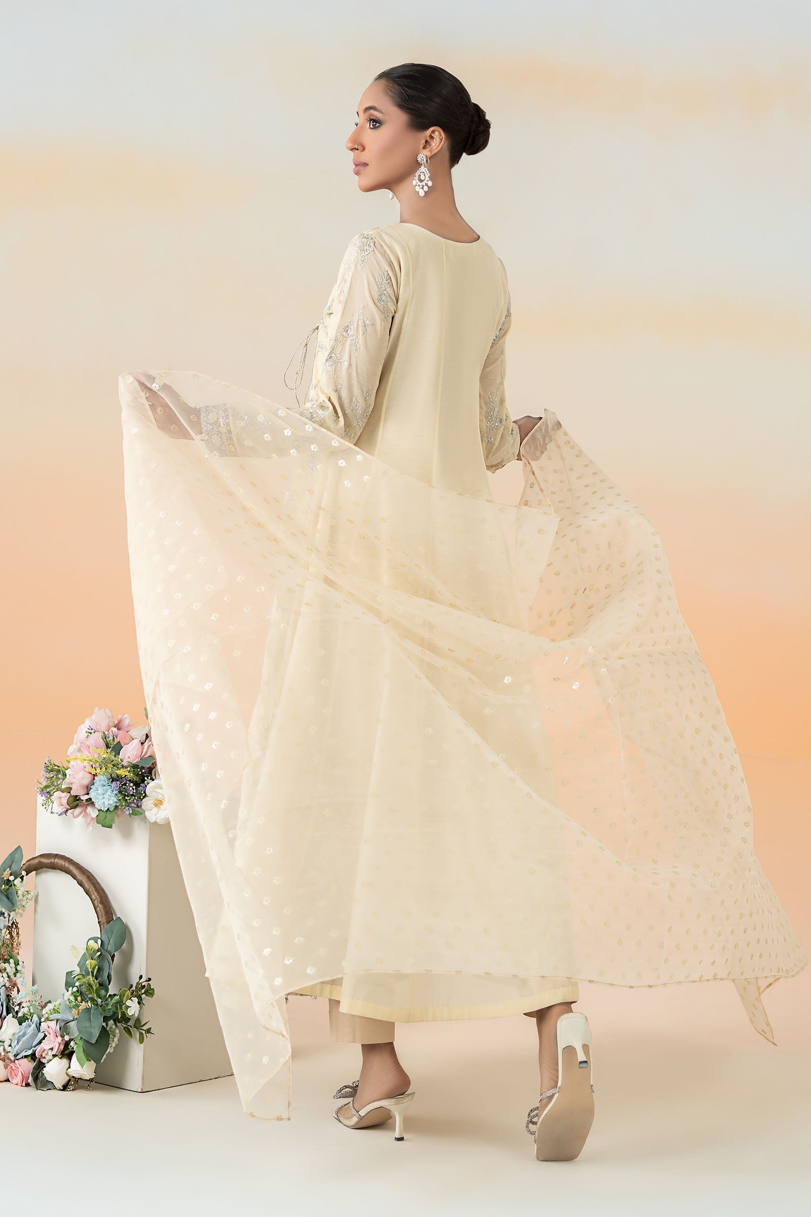 Pakistani Coffee Embroidered Paper Cotton Angrakha (3-Piece) - Image 12