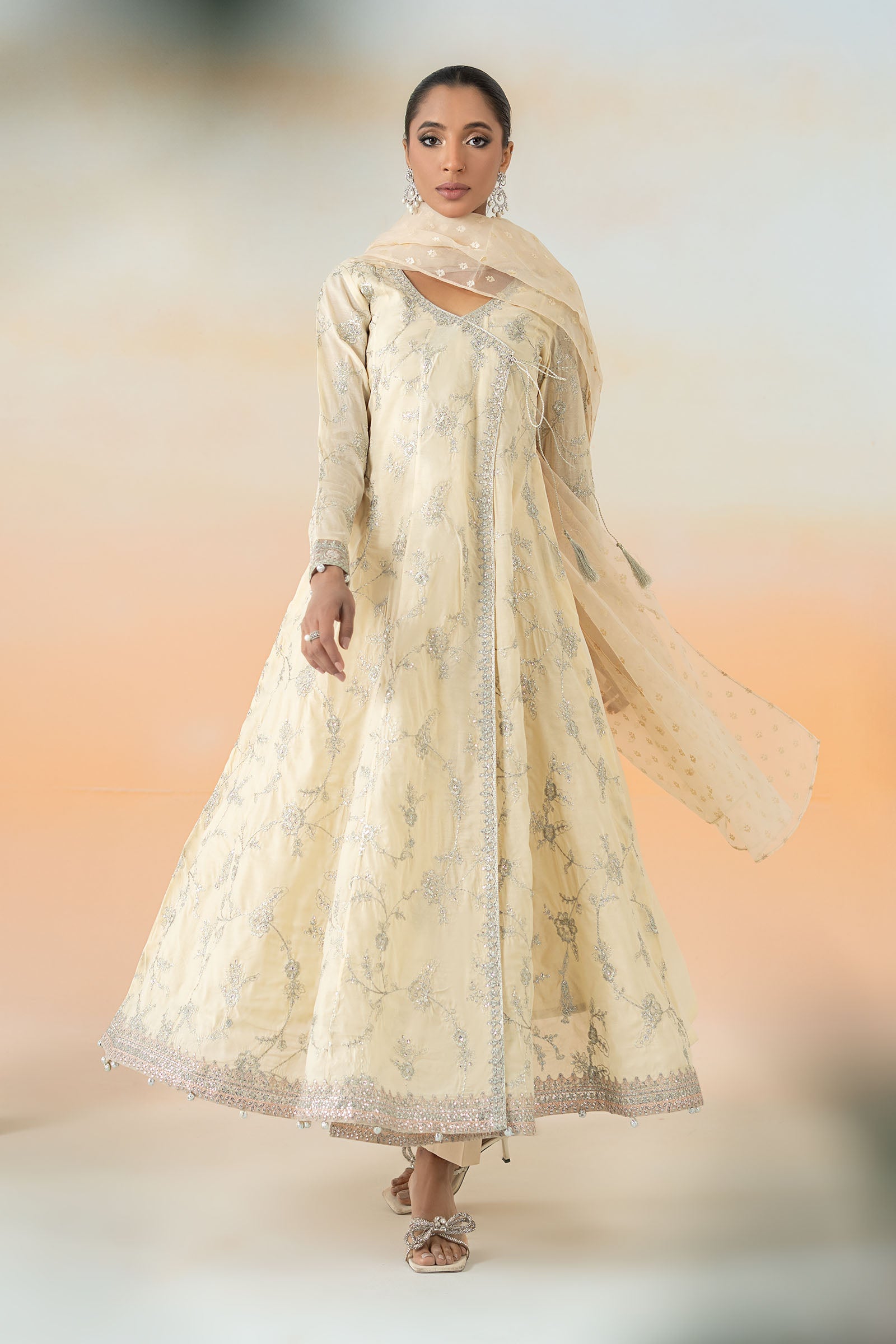 Pakistani Coffee Embroidered Paper Cotton Angrakha (3-Piece) - Image 14