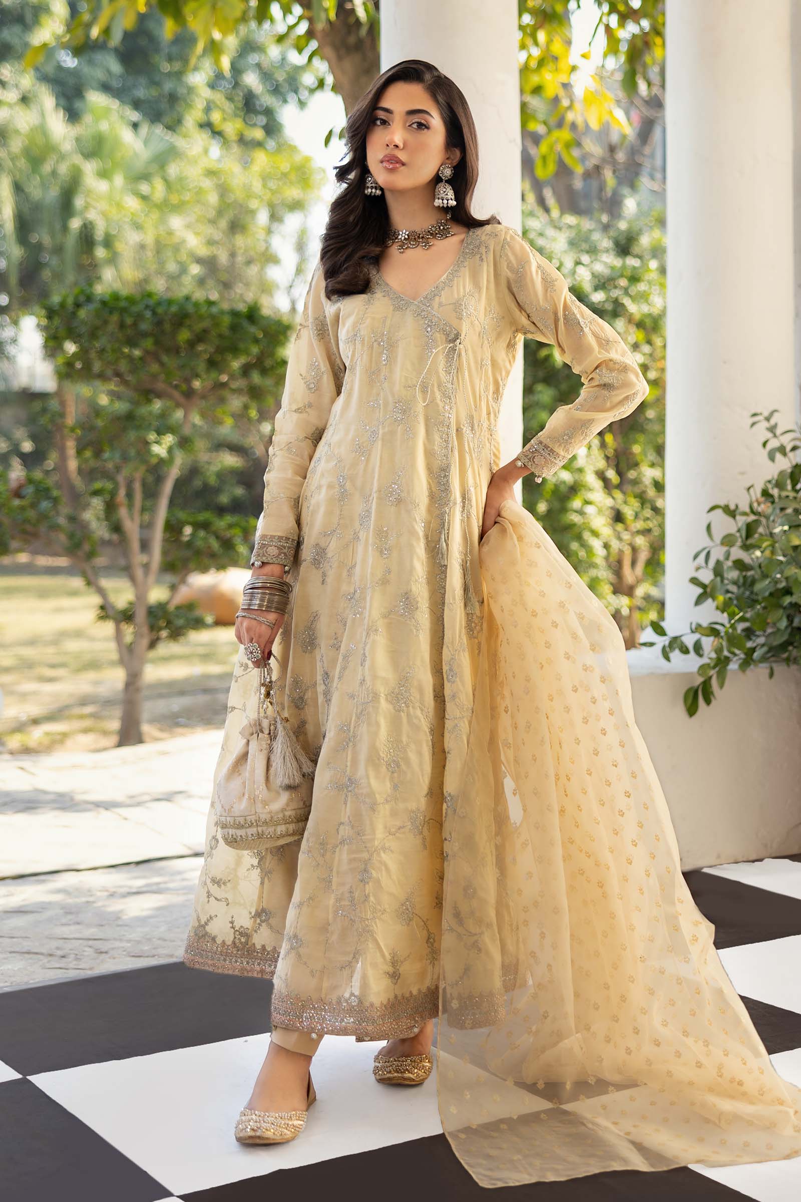 Pakistani Coffee Embroidered Paper Cotton Angrakha (3-Piece) - Image 2