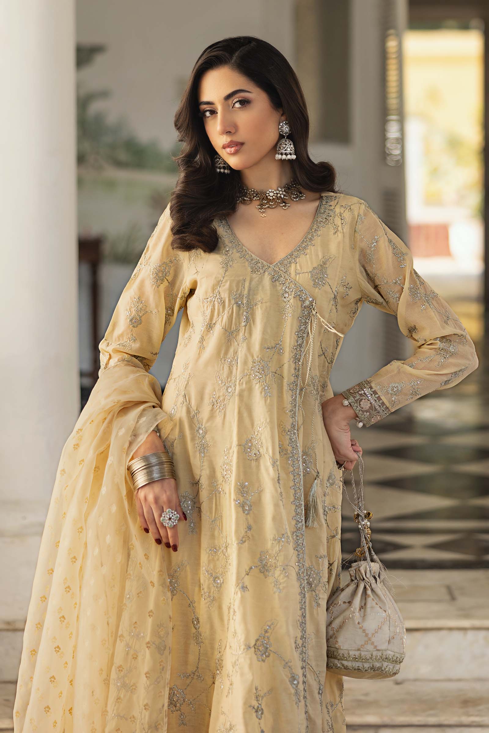 Pakistani Coffee Embroidered Paper Cotton Angrakha (3-Piece) - Image 3