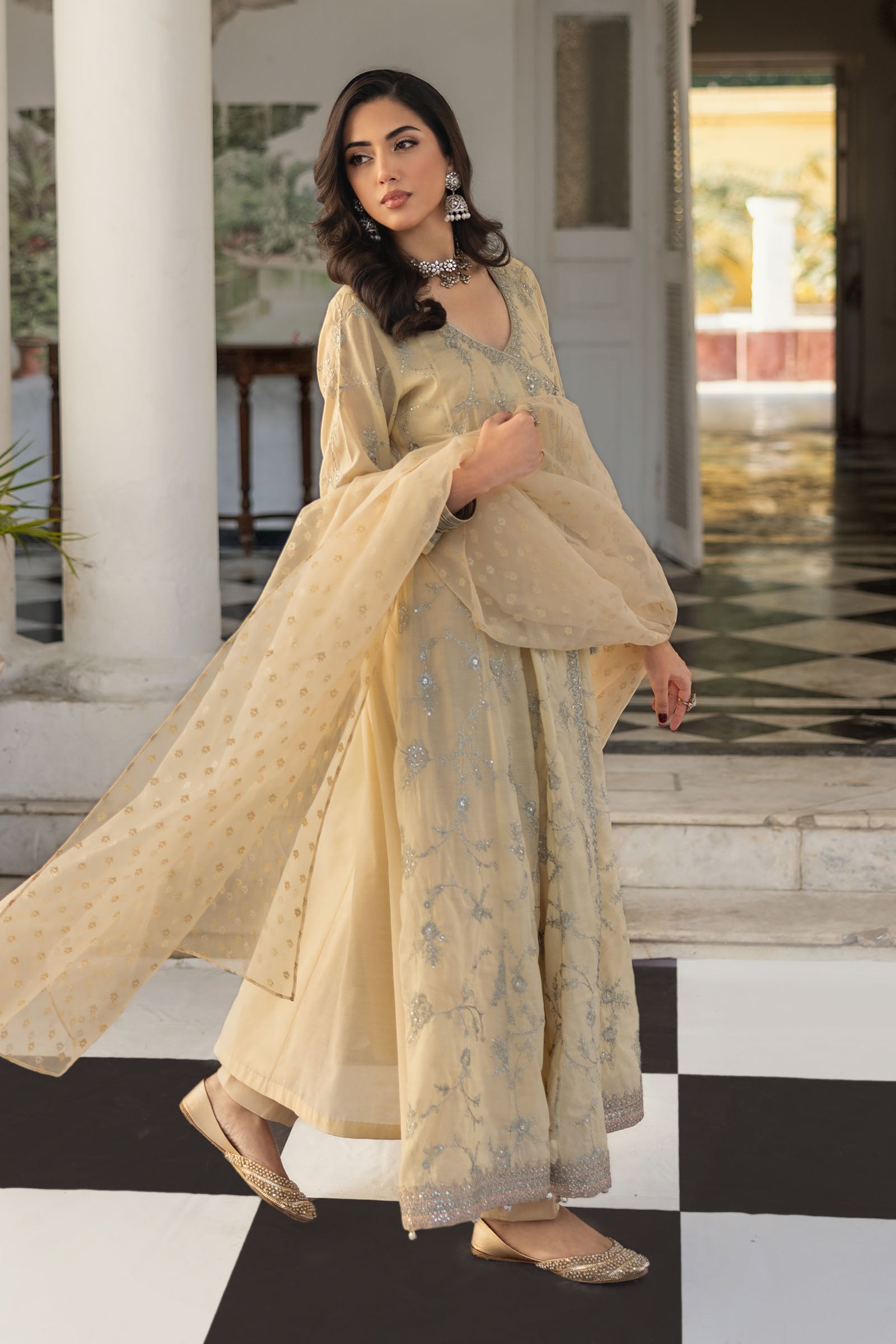 Pakistani Coffee Embroidered Paper Cotton Angrakha (3-Piece) - Image 4