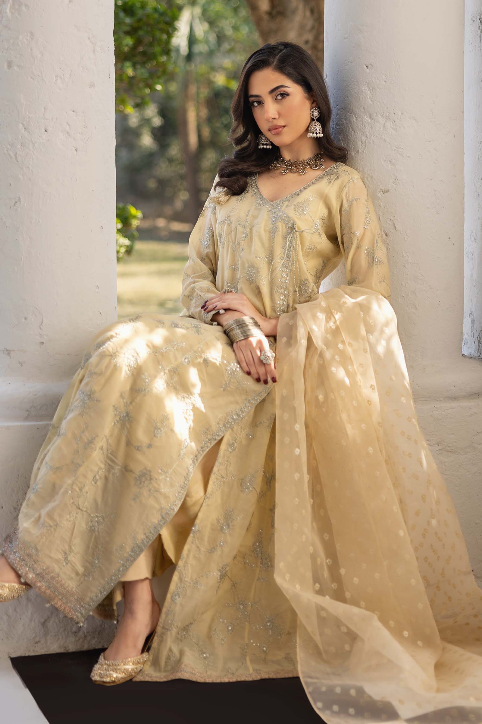 Pakistani Coffee Embroidered Paper Cotton Angrakha (3-Piece) - Image 5