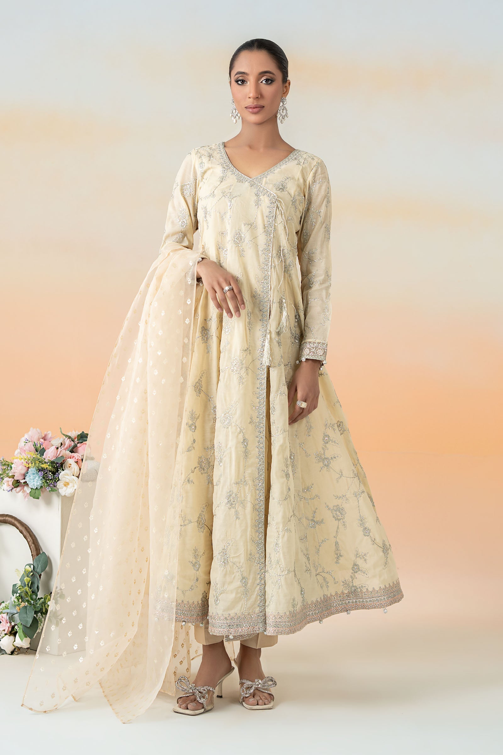 Pakistani Coffee Embroidered Paper Cotton Angrakha (3-Piece) - Image 6